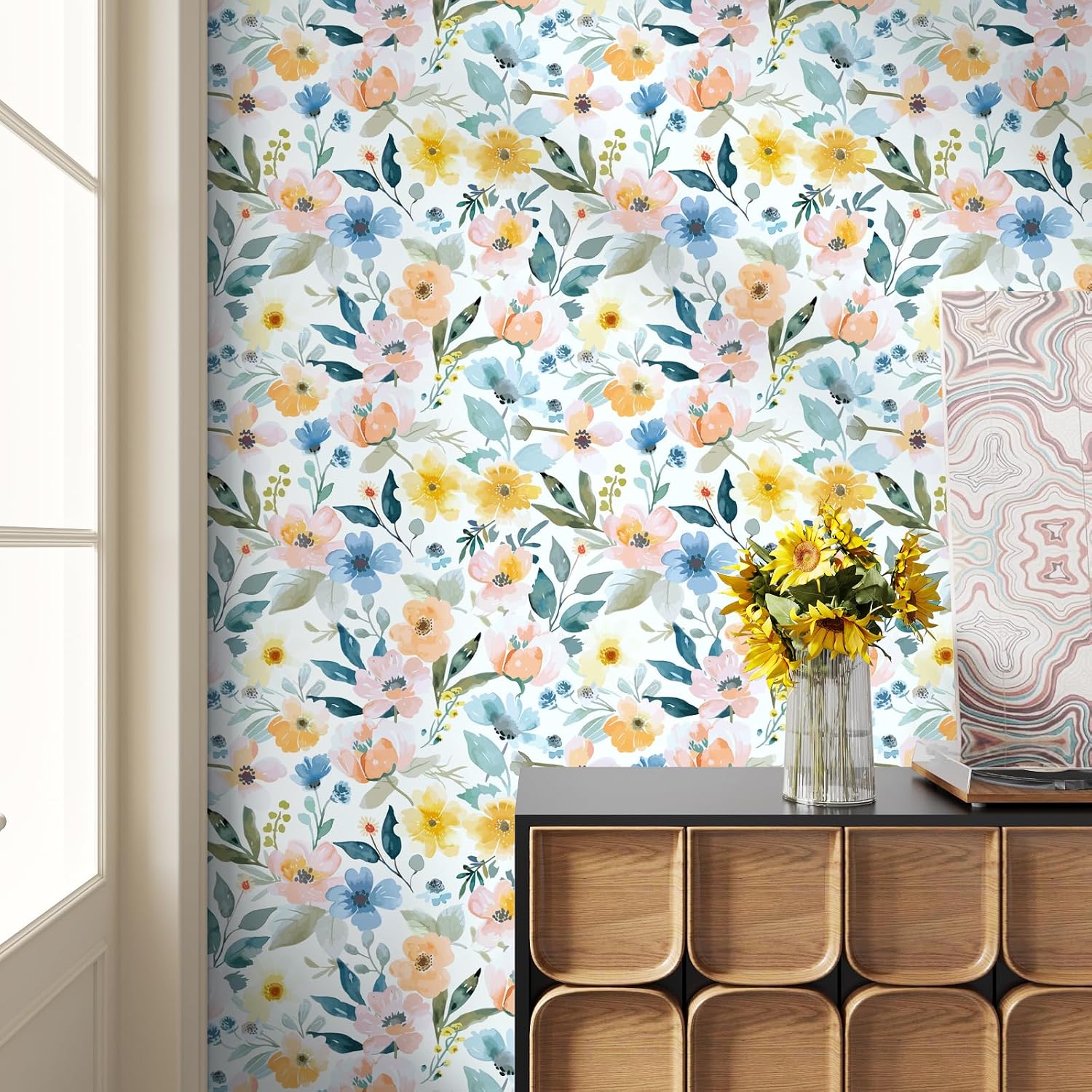 VaryPaper 17.7'' x 315'' Watercolor Blue/Orange/Pink Floral Wallpaper Peel and Stick for Nursery Kids Room Decorative Cute Flower Contact Paper for Cabinets Removable Self Adhesive Floral Wall Paper