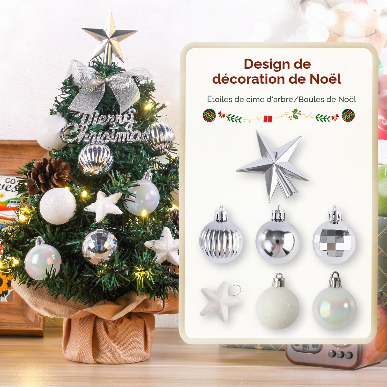 Mini sapin de Noël Petit sapin de Noël avec éclairage LED, décoré artificiellement pour Noël, petit sapin de Noël de table, 60 cm
