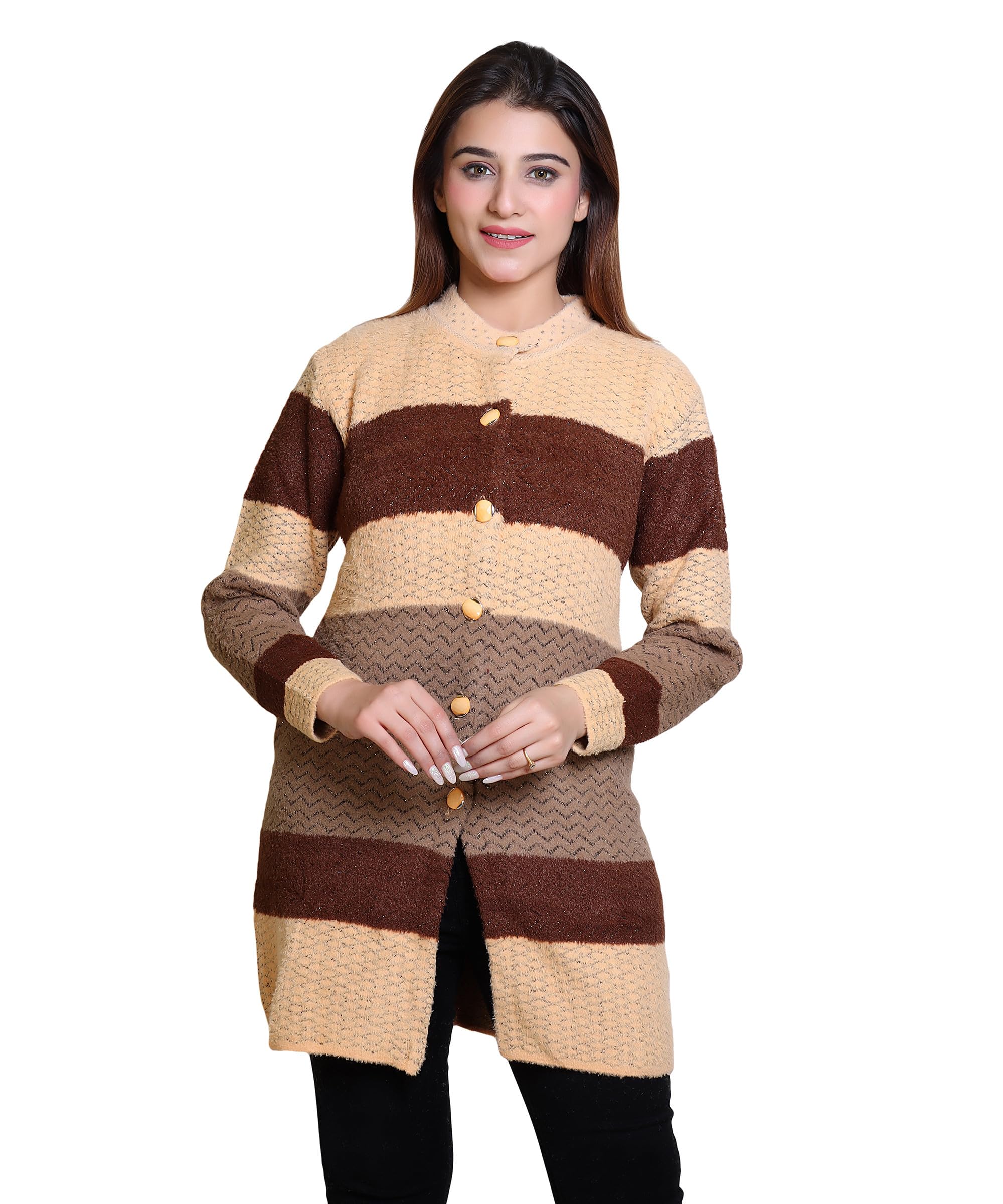 grand line Women's Woolen/Acyrlic Winter Wear Warm Full Sleeve Knitted Cardigan/Sweaters Hair Yarn Long Coat Pullover Computer Knitted Jaquard Design | Size Suitable for Land XL | OffWhite-picture-29