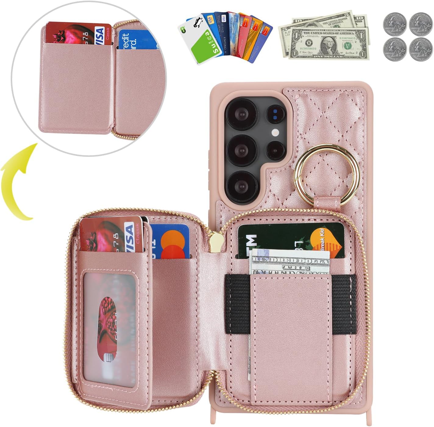 Crossbody Wallet Case for Galaxy S25 Ultra, PU Leather Zipper Handbag Purse Flip Cover, Kickstand Folio Case with Card Slots Holder Wrist Strap Lanyard -Rose Gold - Image 2