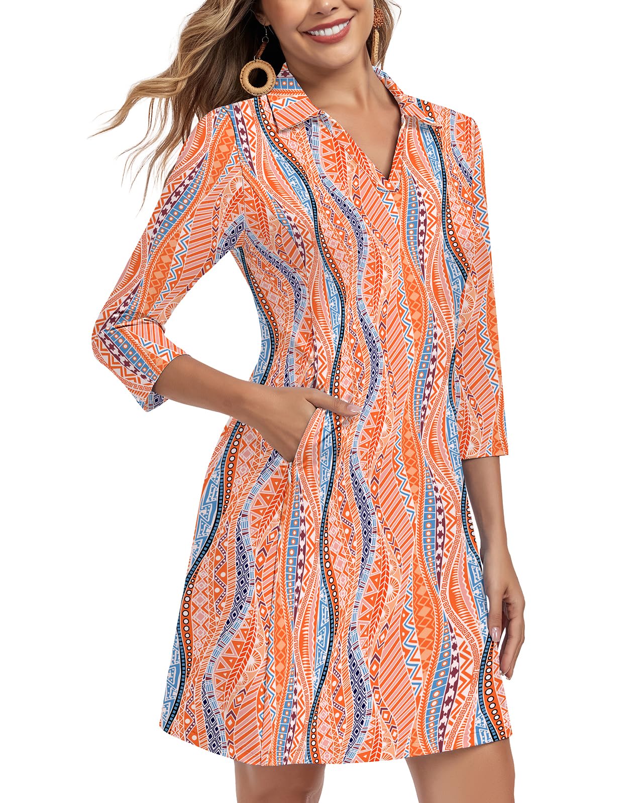 Photo 1 of Soneven Women's 3/4 Sleeve Dress with Pockets UPF 50+ Sun Dress Breathable Quick Dry Beach Cover Ups