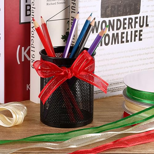 Miniatura 7 de Tatuo Cinta de organza con borde de satén de Navidad de 150 yardas con bordes dorados con purpurina que envuelve la decoración navideña (rojo, verde