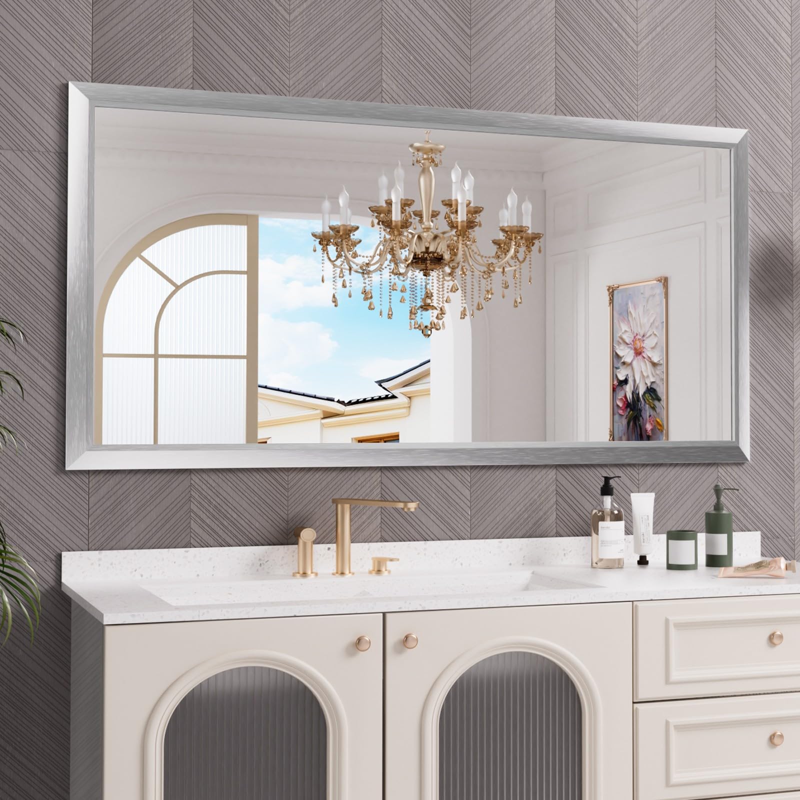 Amorho 72 X36 Inch Bathroom Mirror Silver, Thick Metal Framed Wall Mirrors for Over Sink, Brushed Nickel Mirror Perfect for Bedroom, Living Room, Entryway, Rectangle (Horizontal/Vertical).