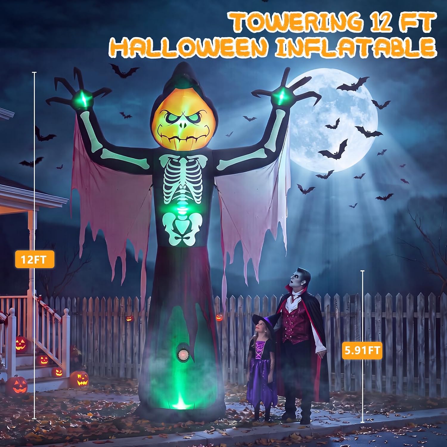 Elegear 12FT Pumpkin Skeleton Reaper Halloween Inflatable Blow Up Décor | 7-Mode RGB Glow, PIR Motion-Activated Screaming, Giant Ghost Inflatable Decorations, For Outdoor Yard Lawn Party Garden Porch