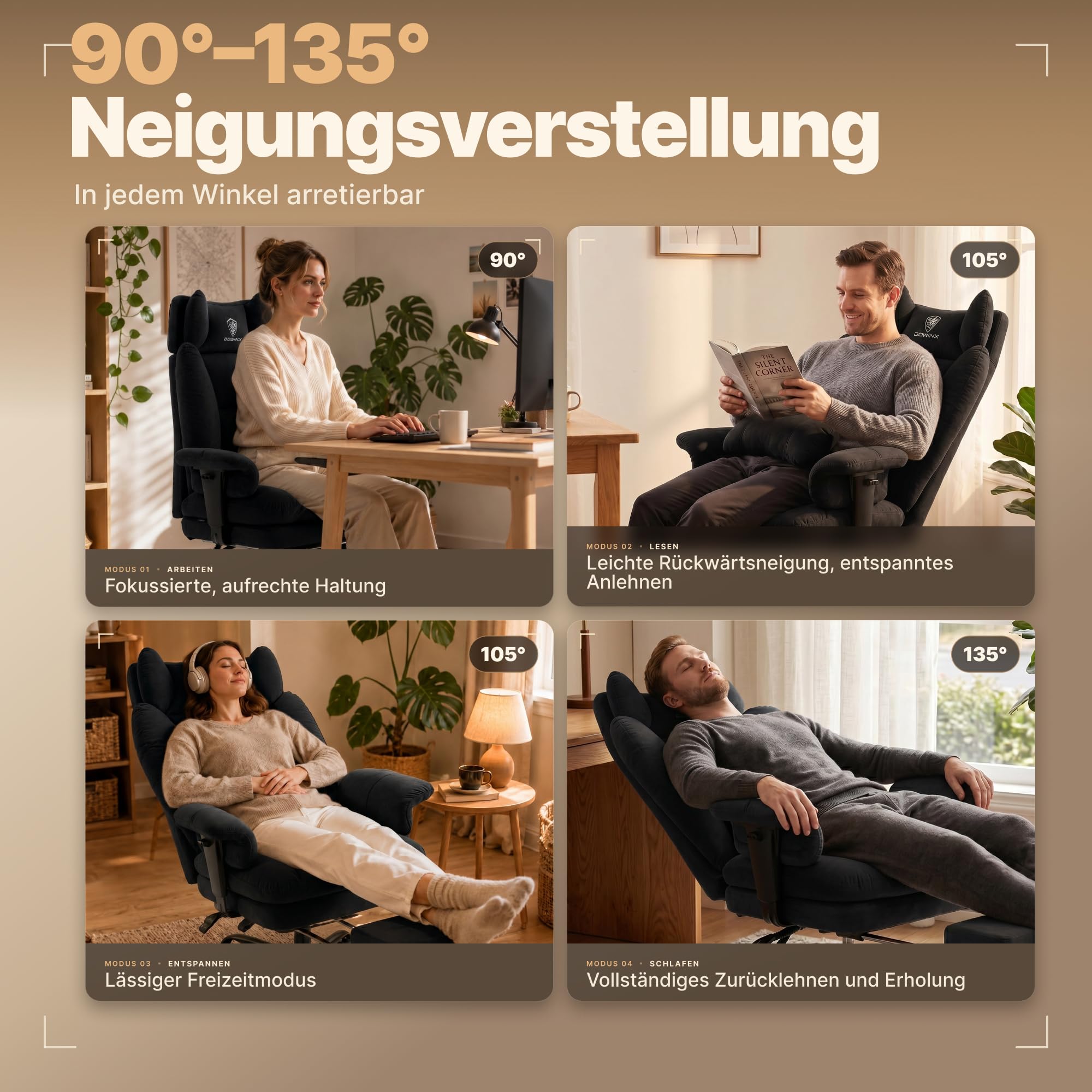 Dowinx Ergonomischer Bürostuhl aus Wildleder-Optik mit Federkern-Sitzpolster, höhenverstellbaren gepolsterten Arm- und Kopfstützen, Liegefunktion und ausklappbarer Fußstütze,Schwarz