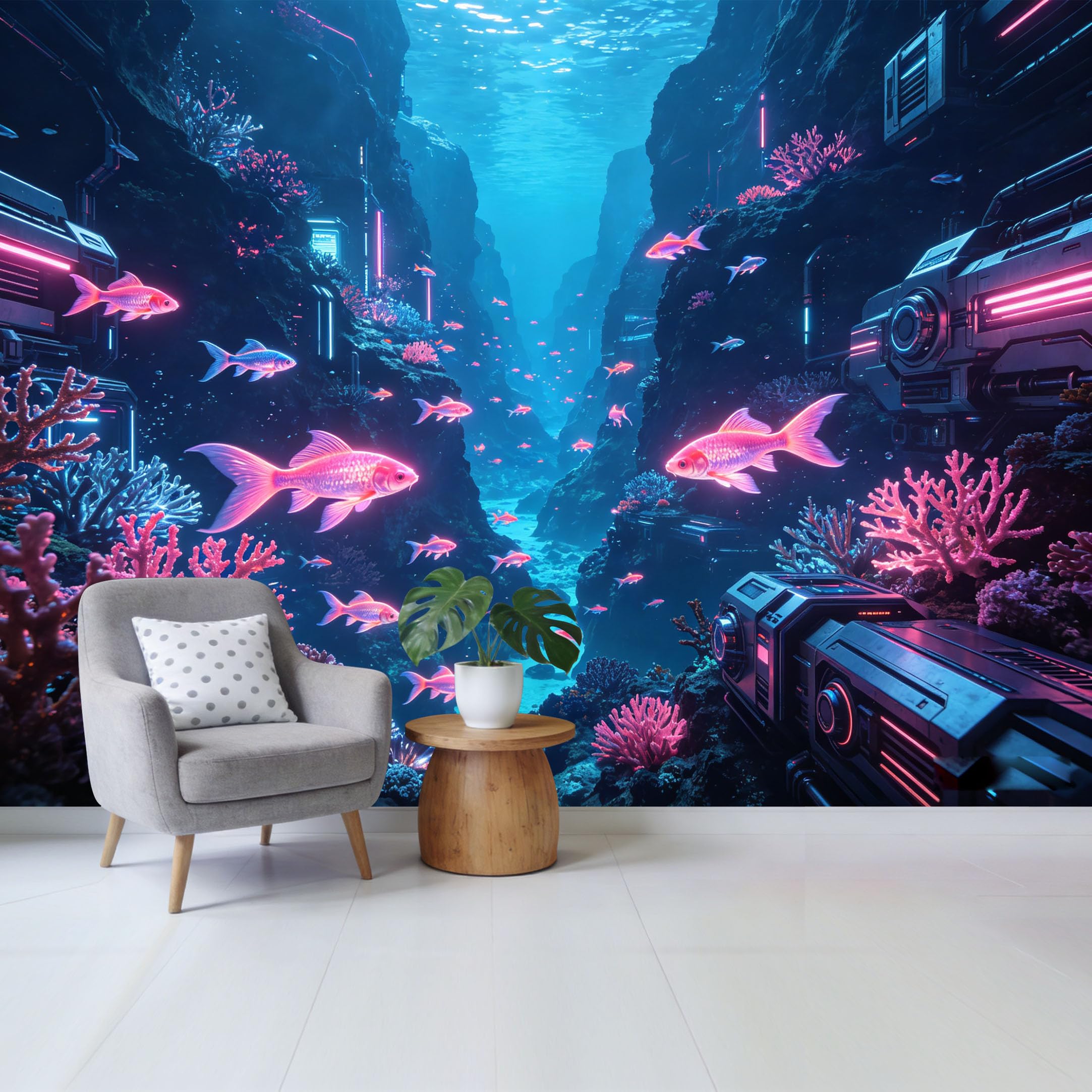 Qzlithotic Yq2605250098 Custom Size Wall Mural Neon Bioluminescent Fish Underwater Deep Ocean Scenery Contemporary Cyberpunk Tech Style Selfadhesive Wall Fabric Removable Wallpaper For Home Office Decor