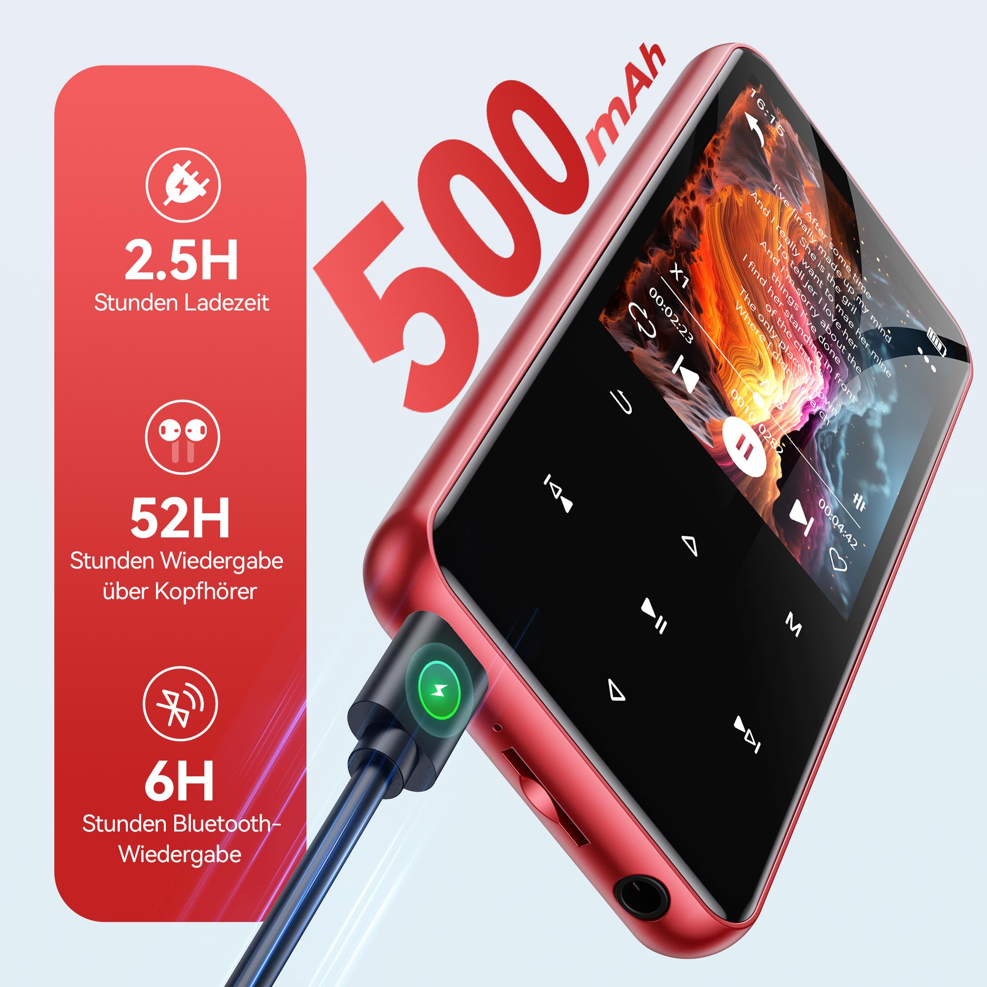 AGPTEK 2,4" MP3 Player & Tasche, 64GB MP3 Player Bluetooth 5.3 HiFi Musik Kinder MP3 Player mit Lautsprecher, Touch-Tasten, FM-Radio, E-Book, Aufnahme, Unterstützung bis zu 128 GB, Rot
