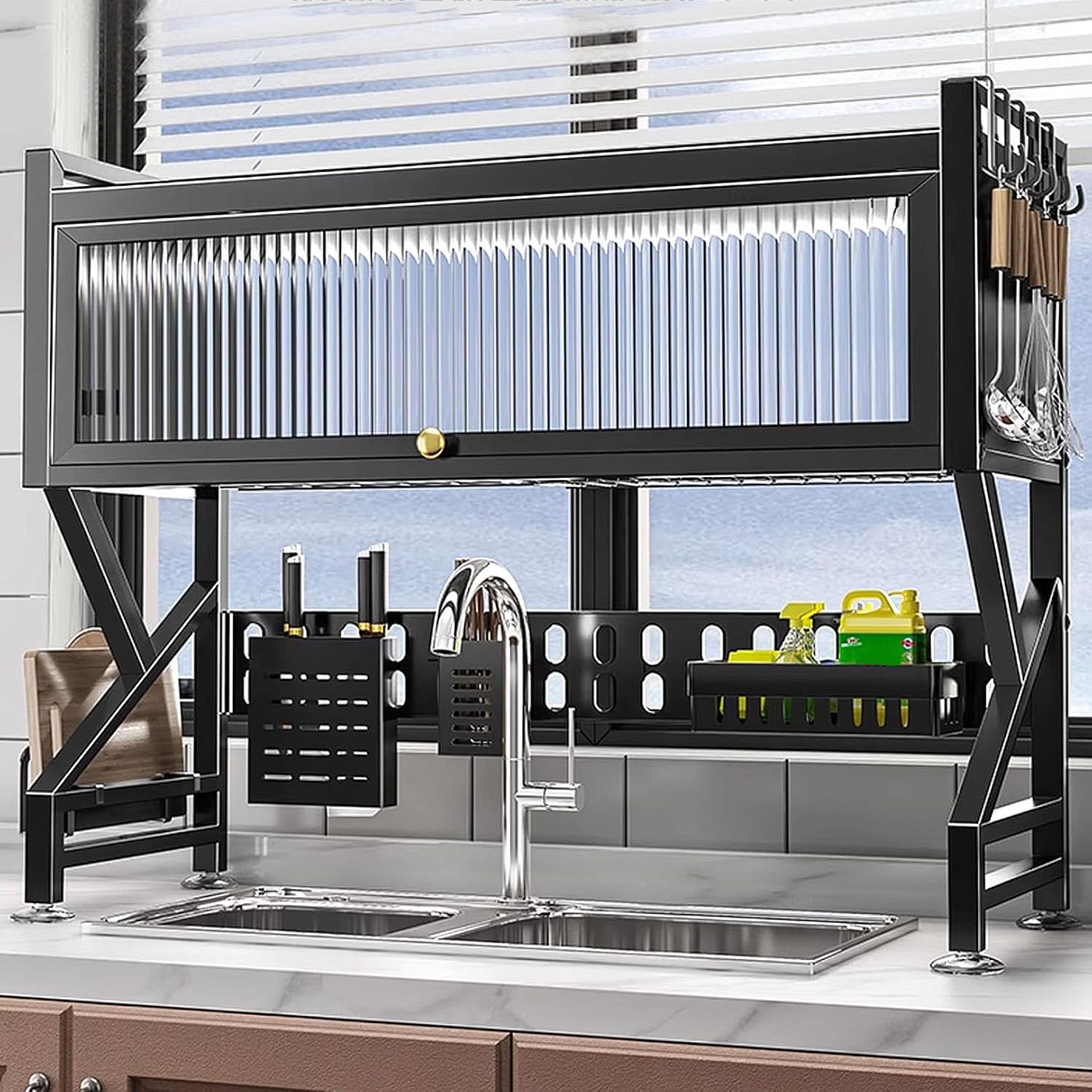 MmuNna Over Sink Dish Drying Rack, Large Dish Drainer for Storage Kitchen Counter Organization, 2 Tiers Carbon Steel Over Sink Dish Rack Display (Black)