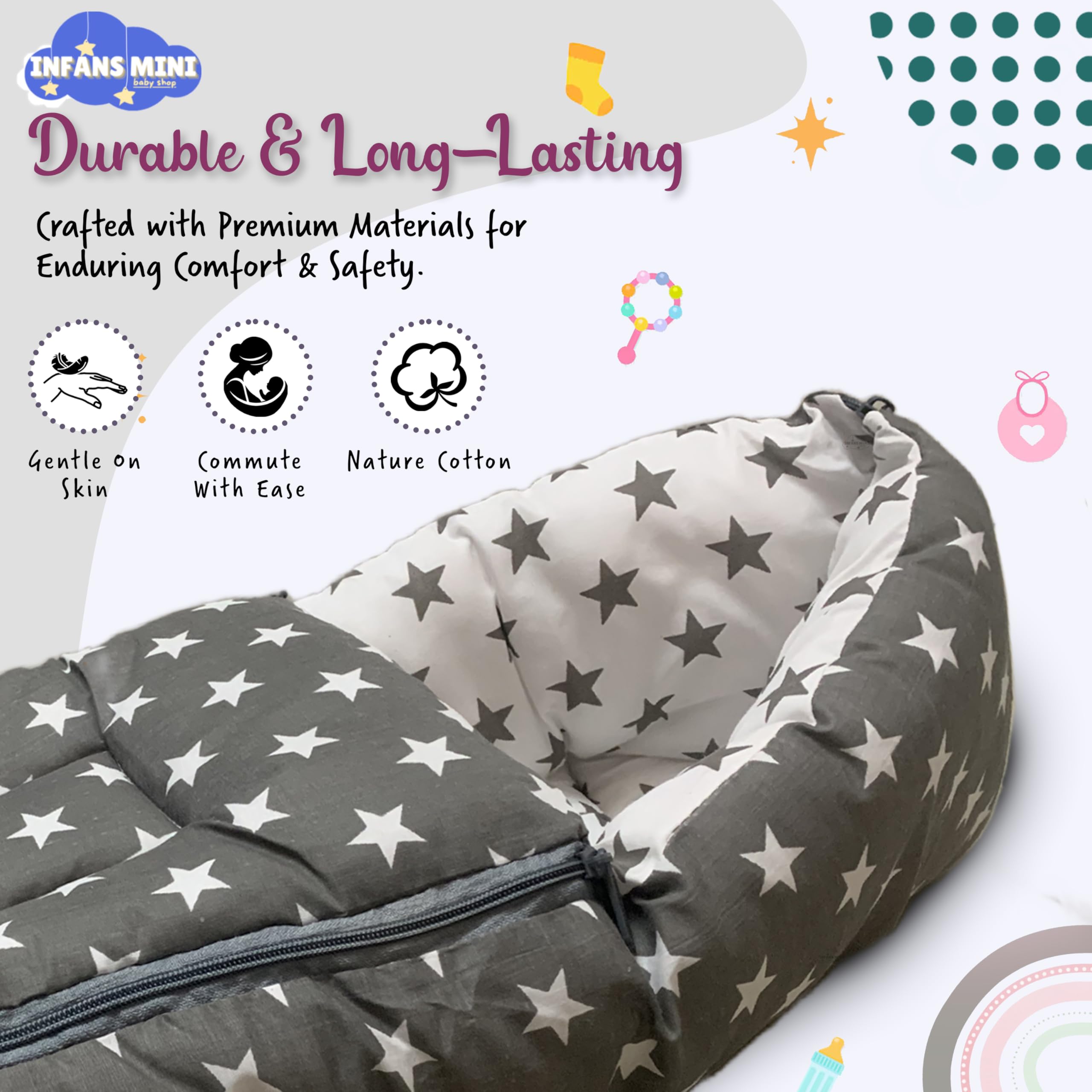 Infans Mini Baby Bedding Set for New Born Baby Sleeping Bag, Mosquito Net Bed Suitable Upto 6 Months Babies (Star Grey) 3