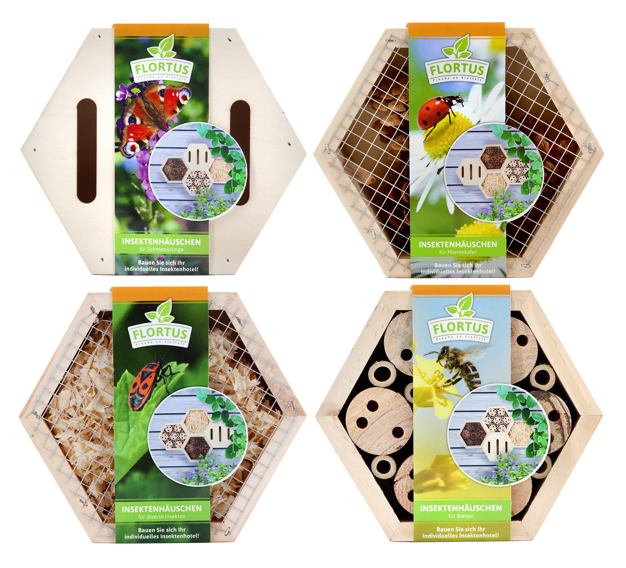 FLORTUS Insektenhotel Set | Bienenhotel Schmetterlingshaus und Marienkäferhaus | Insektenhotels kombinierbar für Garten, Balkon und Terrasse