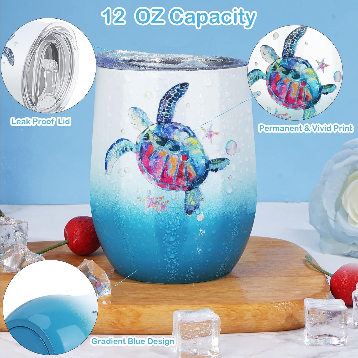 Sea Turtle Insulated Wine Tumbler for Women, Birthday Gift for Sea Turtle Lovers, 12 oz Stainless Steel Beach Wine Glass Mug Cup with Lid and Straw, Ocean Beach Gifts for Mom Best Friends Coworker - Image 4