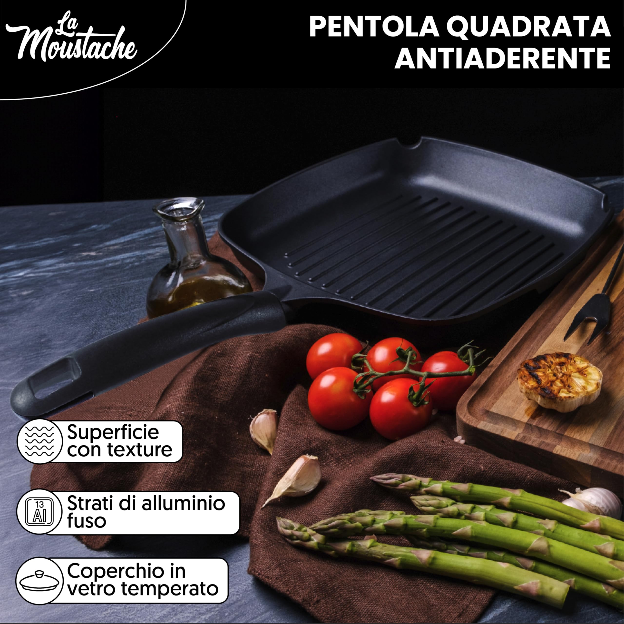 La Moustache - Padella Quadrata 28 cm in Alluminio con Antiaderente senza PFOA, Adatto a Tutti i Tipi di Cucine | Induzione, Gas, Piastra Elettrica, Vitroceramica, Equilibrio Termico