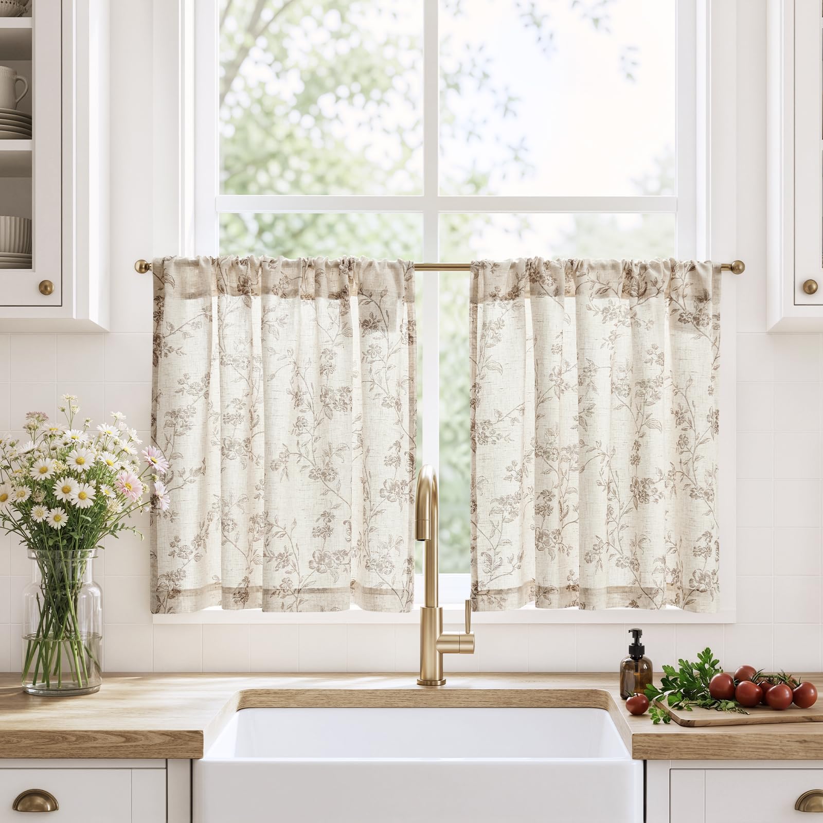 TOPICK Kitchen Curtains 24 Inch Drop with Taupe Floral Pattern, Linen Look Small Cafe Curtains, Rod Pocket Light Filtering Curtain Tiers for Cupboard Base, Sink, Basement, Bistro, W36 x L24 Inch