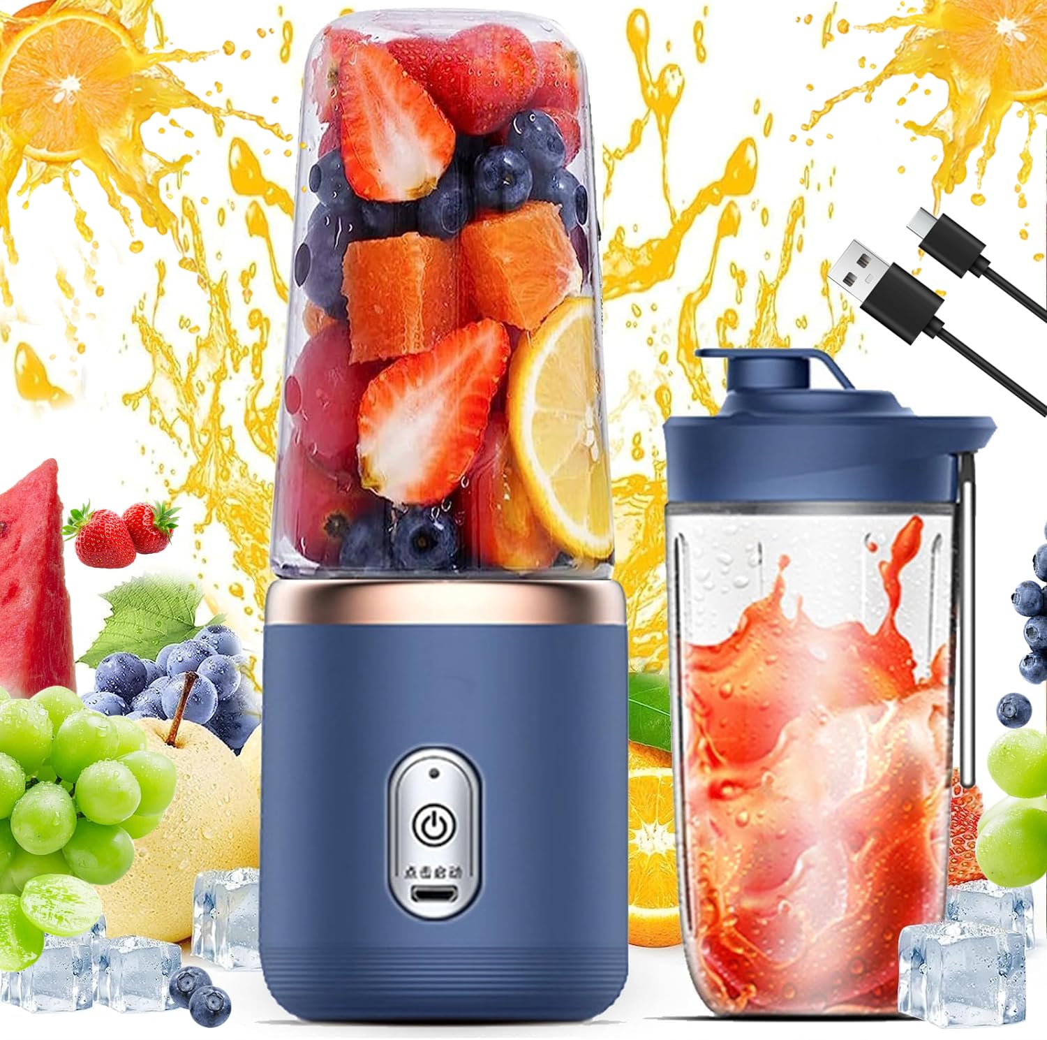 Portabel Quick Mini Blenders,Wireless Electric Fruit Juicer,Automatic Multifunction1500 Watts/Rechargeable USB/6 Stainless Blades/400ml/Double Cup for smoothies,milkshakes, Puree