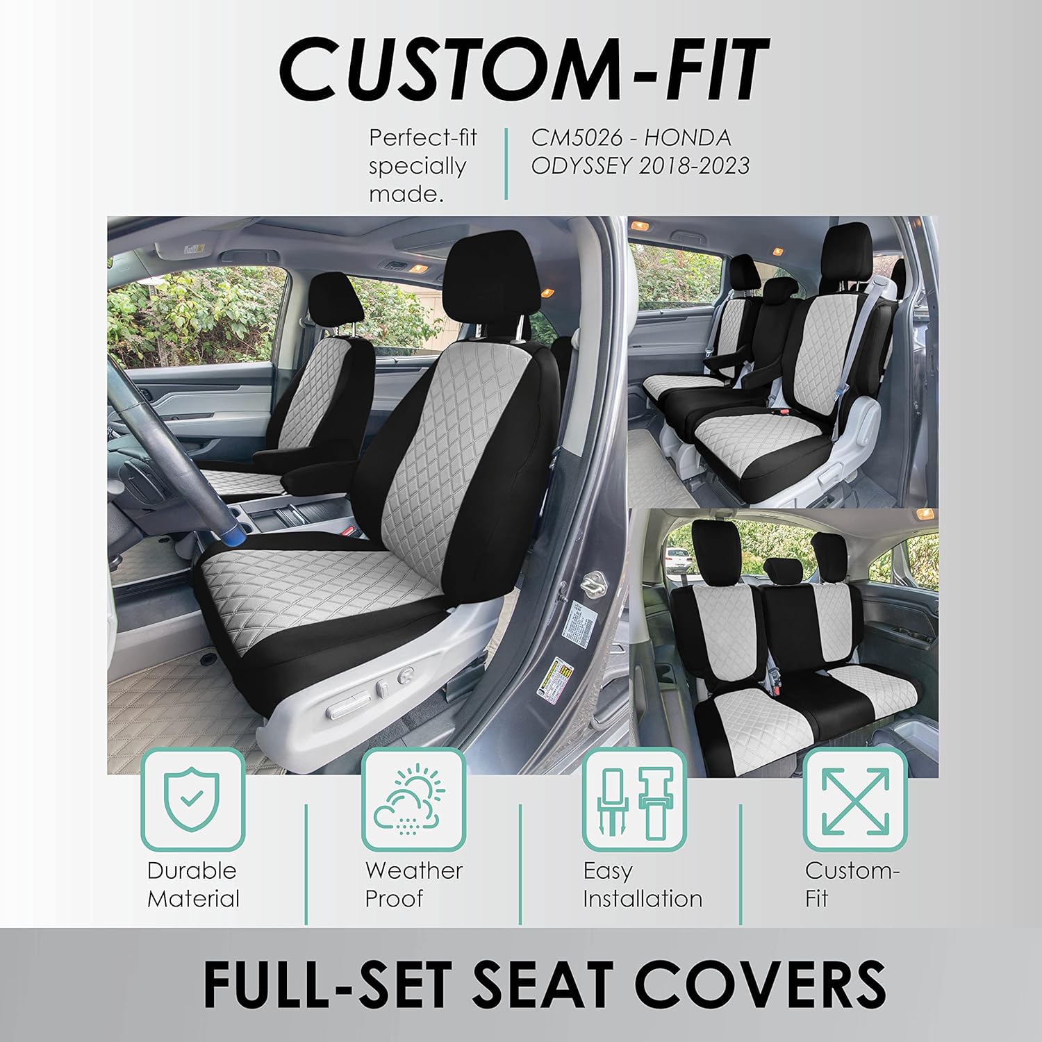 FH Group Custom Fit Car Seat Covers Specifically Made for 2018–2023 Honda Odyssey, 3 Row Full Set Gray Ultraflex Neoprene, Waterproof Car Seat Cover, Honda Odyssey Accessories