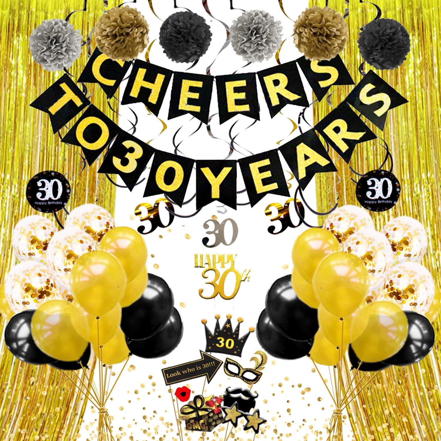 RIZELL Happy 30th Birthday Decorations Black & Gold Party Decorations Confetti Balloons, Pompoms Swirls, Cake Topper and Cheers to 30 Years Banner