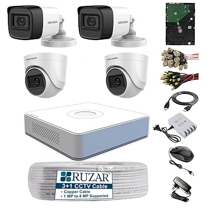 HIKVISION 4 Channel DVR with 5MP 2 Bullet Cameras 2 Dome Cameras with Audio Recording (DayNight Vision) + 1 TB HDD + Cable Roll (1+3) + 4 CH Power Supply +RUZAR BNC & DC Full Combo Kit