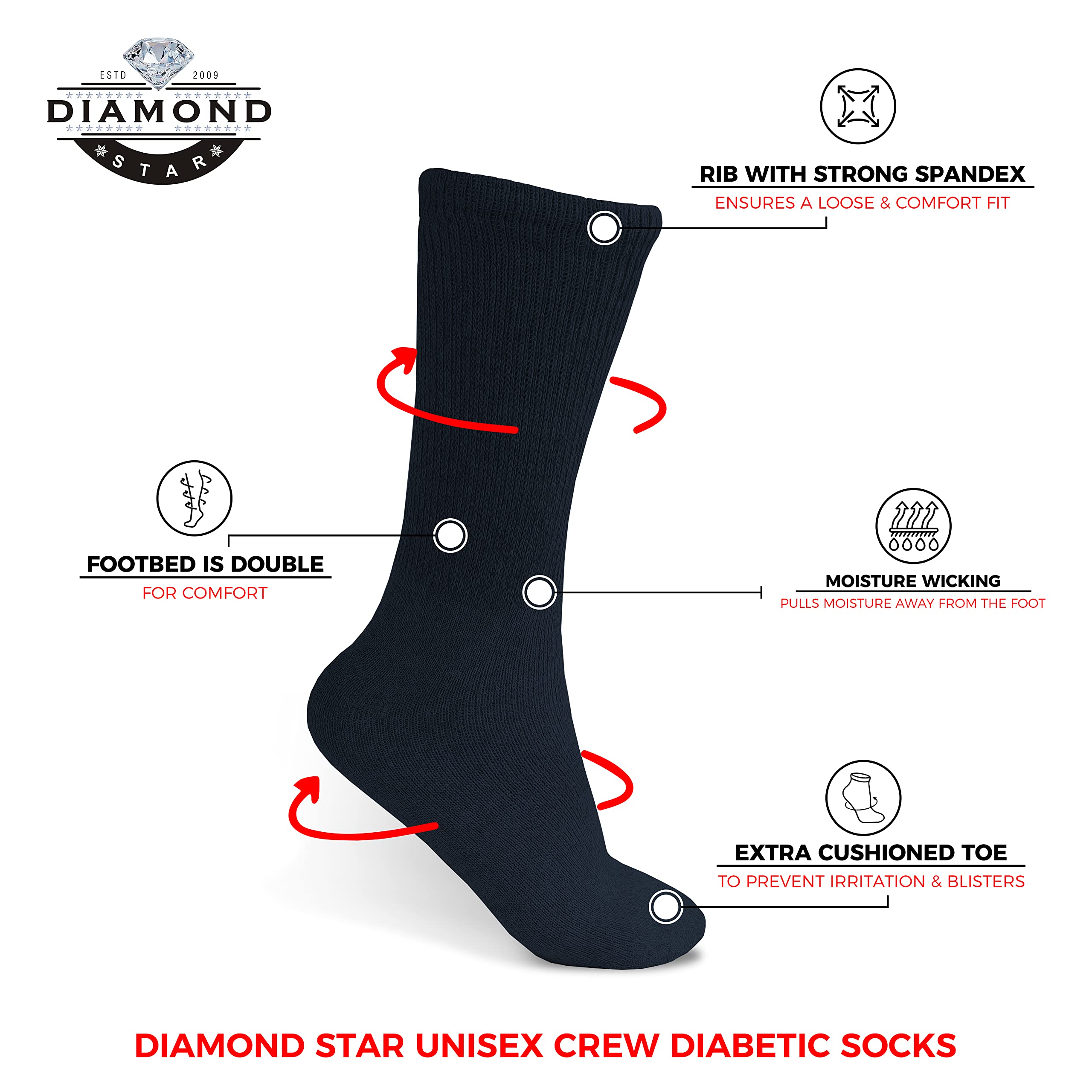 Diamond Star Calcetines para diabéticos, cojín circulatorio no vinculante, calcetines de algodón para diabéticos para hombres y mujeres