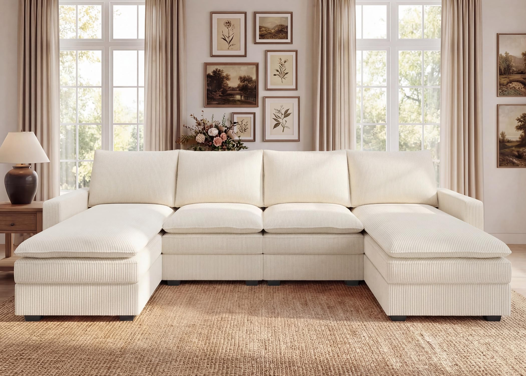 HONBAY 127.2 Inch Corduroy Cloud Modular Sectional Sofa with Chaise, Deep Seat U-Shaped Couch with Storage for Living Room, Apartment, Small Space,Beige