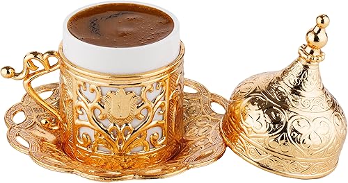 Miniatura 23 de DEMMEX Juego completo para preparar café árabe griego turco con tazas, platillos, tapas, bandeja para azucarero y cafetera de cobre, decorada a mano