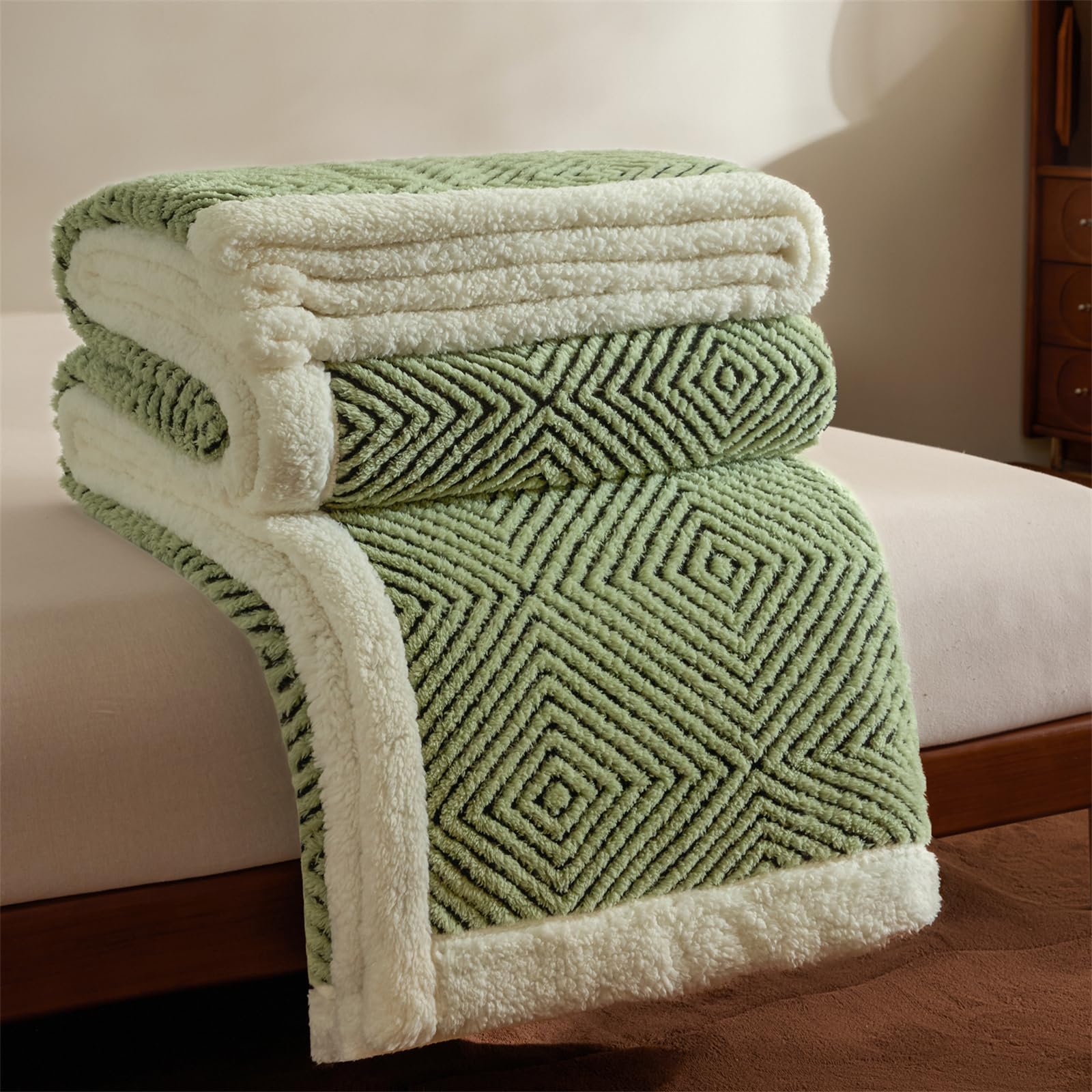 ENEN Mantas para Sofa Cama de Sherpa, Forro Polar Cálido + Sherpa Suave Sábanas Manta Felpa Invierno Textura Jacquard Blanket para Mascota Cama Habitacion Dormitorio (Hierba Verde,180x200cm)