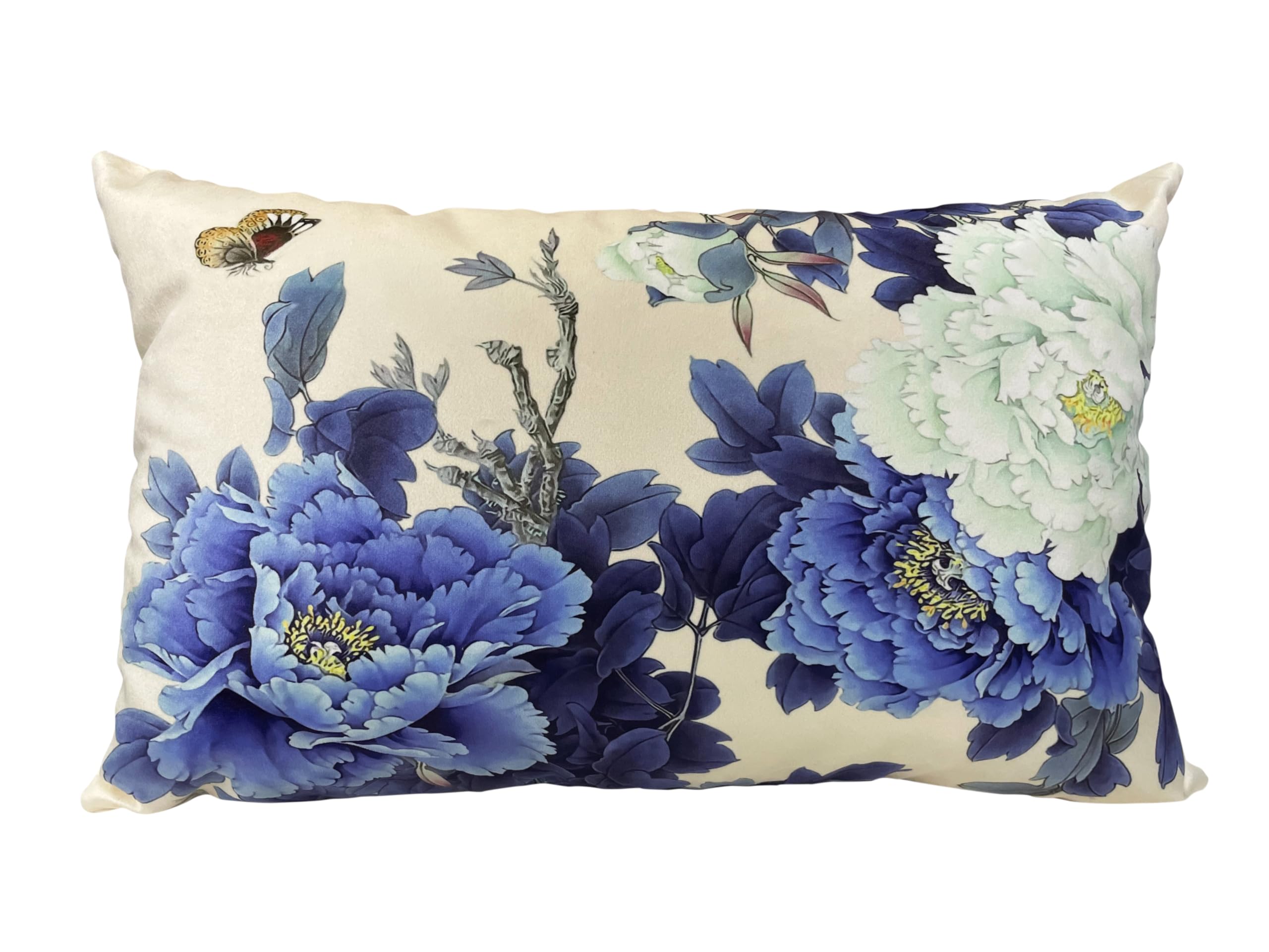 whooplaArt Chinese Style Blue and White Peony Floral Throw Pillow Cover, 12x20 Inch Double - Sided Decorative Flying Butterfly Lumbar Pillowcase for