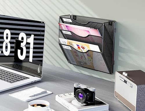 Vista 7 de PAG Soporte para archivos de pared colgante, clasificador de correo de 3 niveles para pared, organizador de pared de oficina de malla