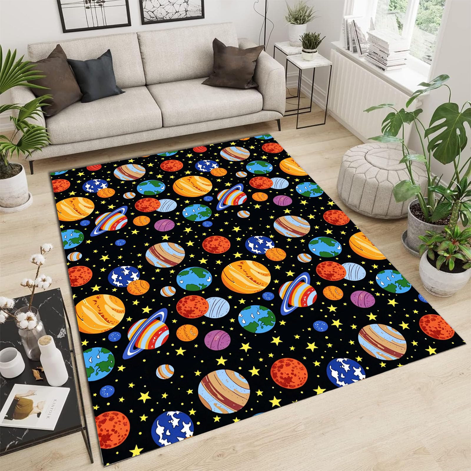 Tapis système solaire multicolore 60x90 cm lavable et antidérapant pour chambre d'enfant