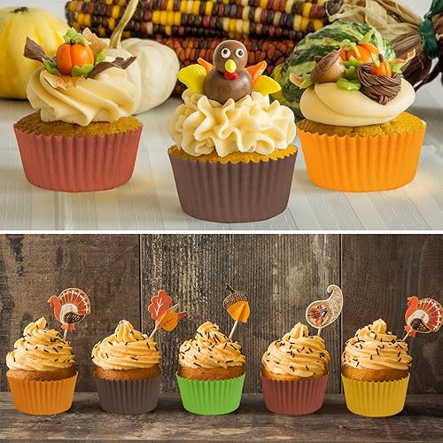 Miniatura 7 de GreenPine - 600 forros para cupcakes para hornear, color naranja, amarillo, marrón, soporte desechable para cupcakes de otoño, Acción de Gracias,