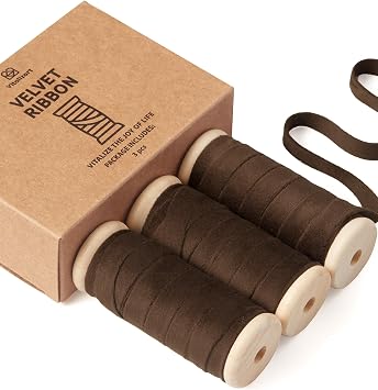 Vitalizart Brown Velvet Ribbon Set 3/8" x 15 Yd Wooden Spool Fabric Trim 3 Rolls * 5 Yd for Christmas Wreath Decoration Handmade Craft Ornaments Gift Wrapping & Bow Making