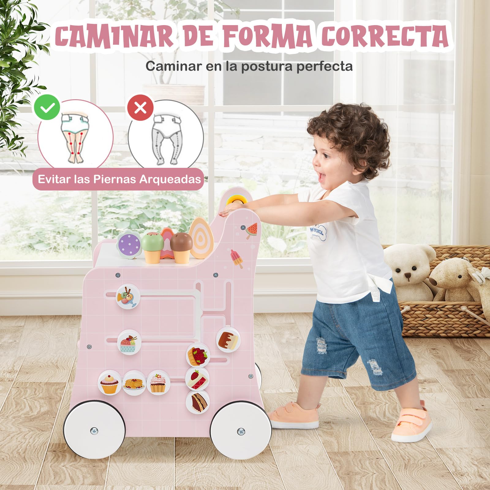 GOPLUS Andador de Madera 2 en 1 para Bebés, Juguete de Empujar Montessori, Carrito de Helados con Accesorios Interactivos, Ruedas Antideslizantes, Centro de Actividades para 1+ Años (Rosa)