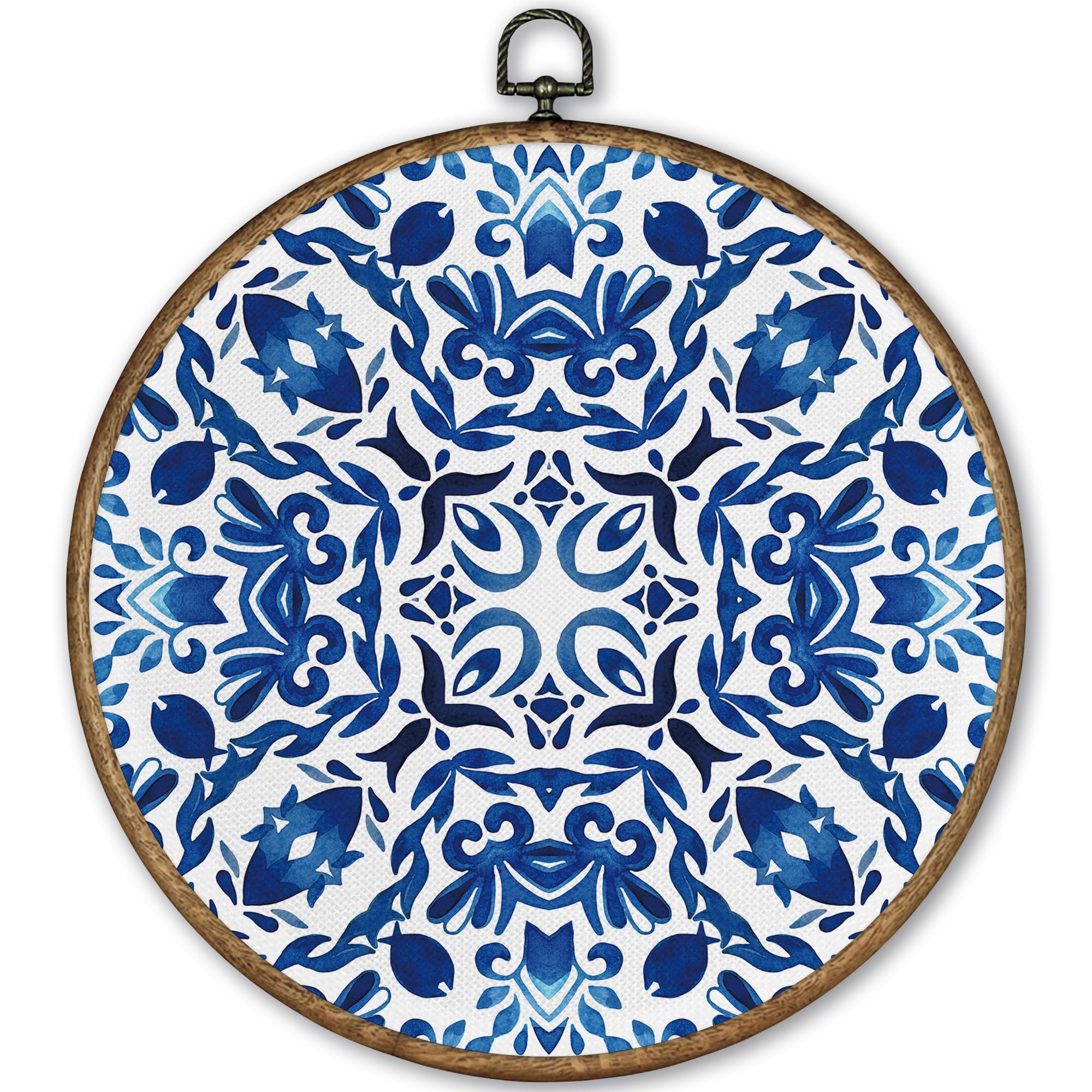 TLESKE Grand Millenial Chinoiserie Round Wall Art Decor, Blue and White Grandmillennial Framed Canvas Prints Wall Art Artwork, Aesthetic Abstract Wall