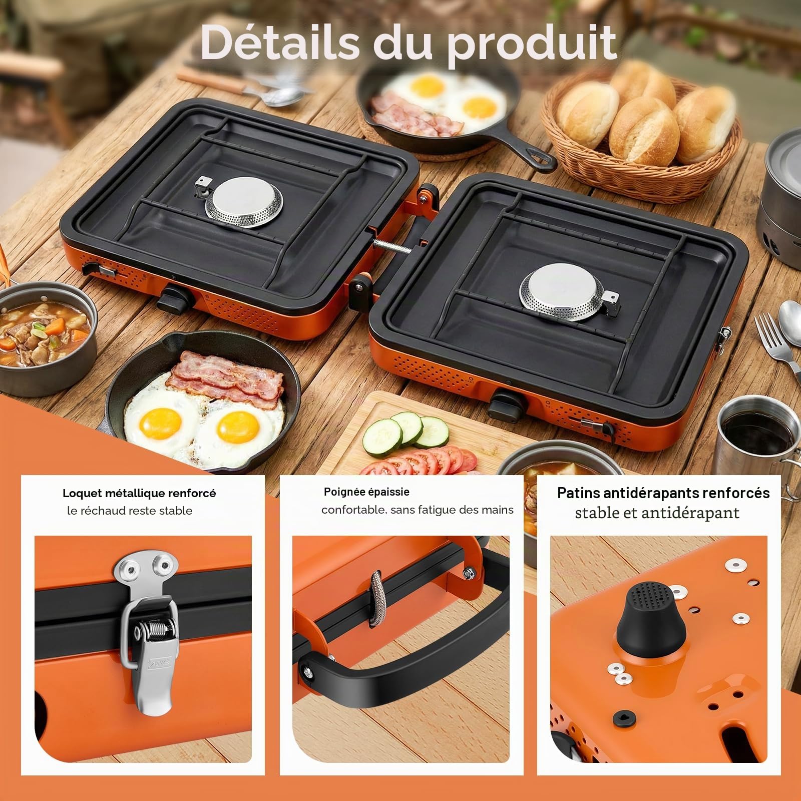 Réchaud de Camping Portable 2 Brûleurs 4400W, Cuisinière à Gaz Puissante pour Cuisson en Extérieur, Réchaud Pliable avec Allumage pour Randonnée Pique-nique Voyage