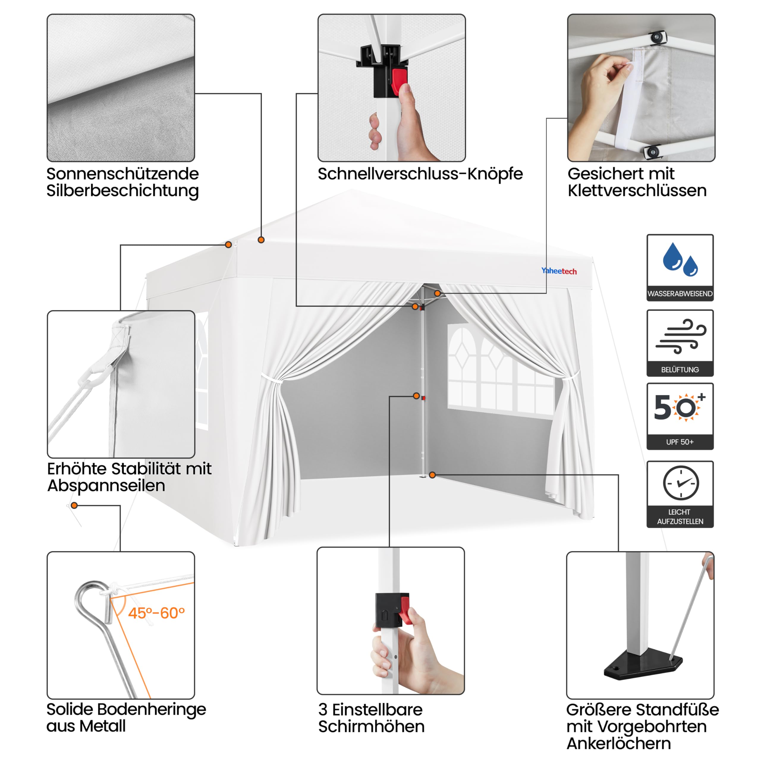 Yaheetech Pavillon 3x3m mit 4 Seitenwänden Pop-up Faltpavillon, Weiß | Gartenpavillon Wasserdicht Winterfest Höhenverstellbar Partyzelt mit Rolltasche Stahlgestell UV Schutz 50+ Zelt 267-287 cm H