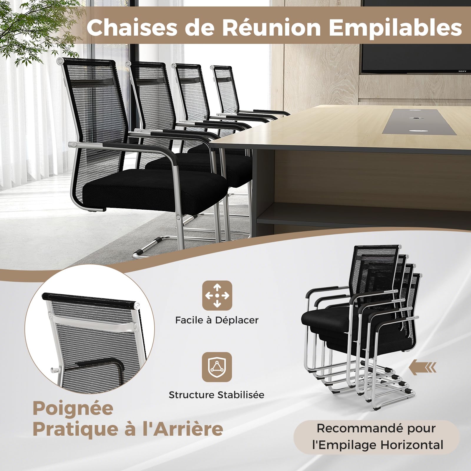 COSTWAY Lot de 4 Chaises de Salles de Réunion Empilables, Chaises Visiteur Ergonomique, Chaises de Réception, Chaise d'accueil pour Salle d'Attente, Bureau, Salle de Réunion, Noir