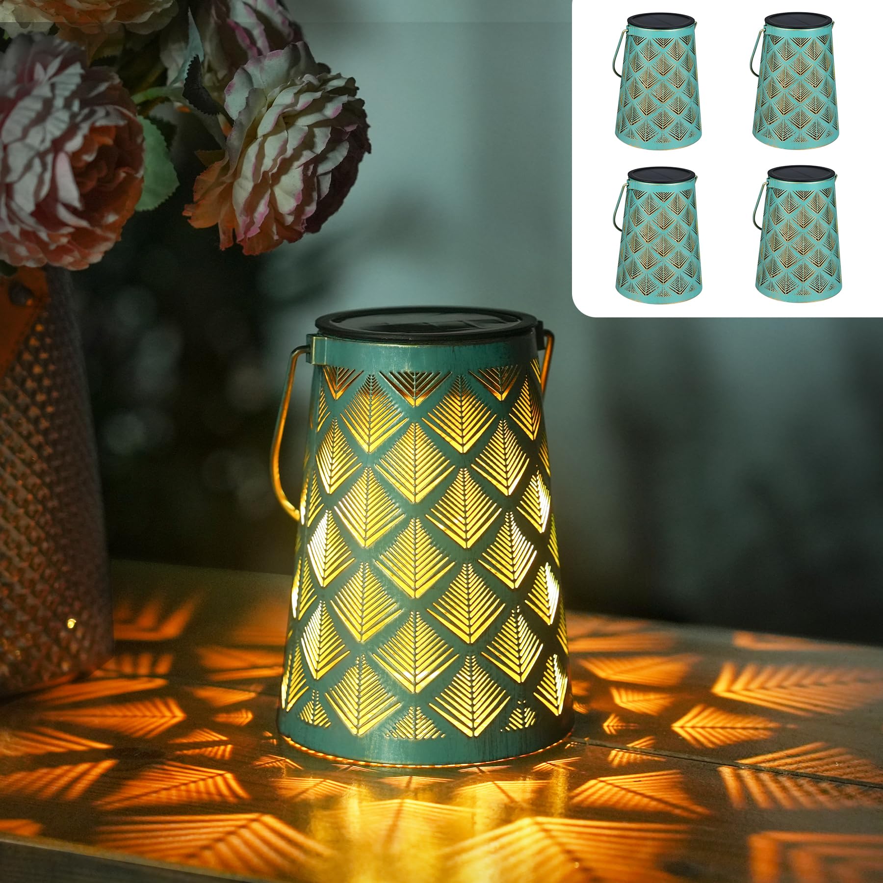 JOYCREATOR Solarlampen für Außen Hängend/Stehen, 4 Stück Vintage Solarlaterne für Außen IP65 Wasserdicht, Retro LED Solar Laterne Outdoor deko Balkon Terrasse Hof Baum, Weihnachtsgeschenke(Grüngold)