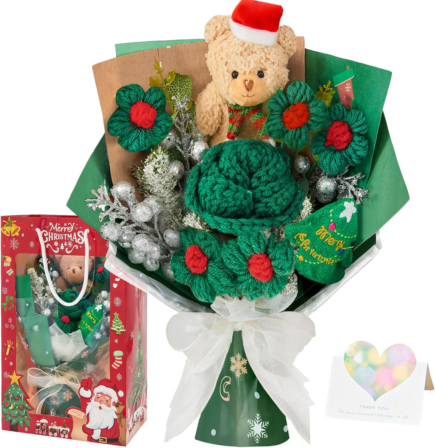 inhand Crochet Flowers Bouquet Christmas Decorations with Green Tree, Bear and Rose Poinsettias for Table Decor, Party Favors Funny for Women, Men,Wife,Mom,Teacher,Kids (Gift Cards and Bag)