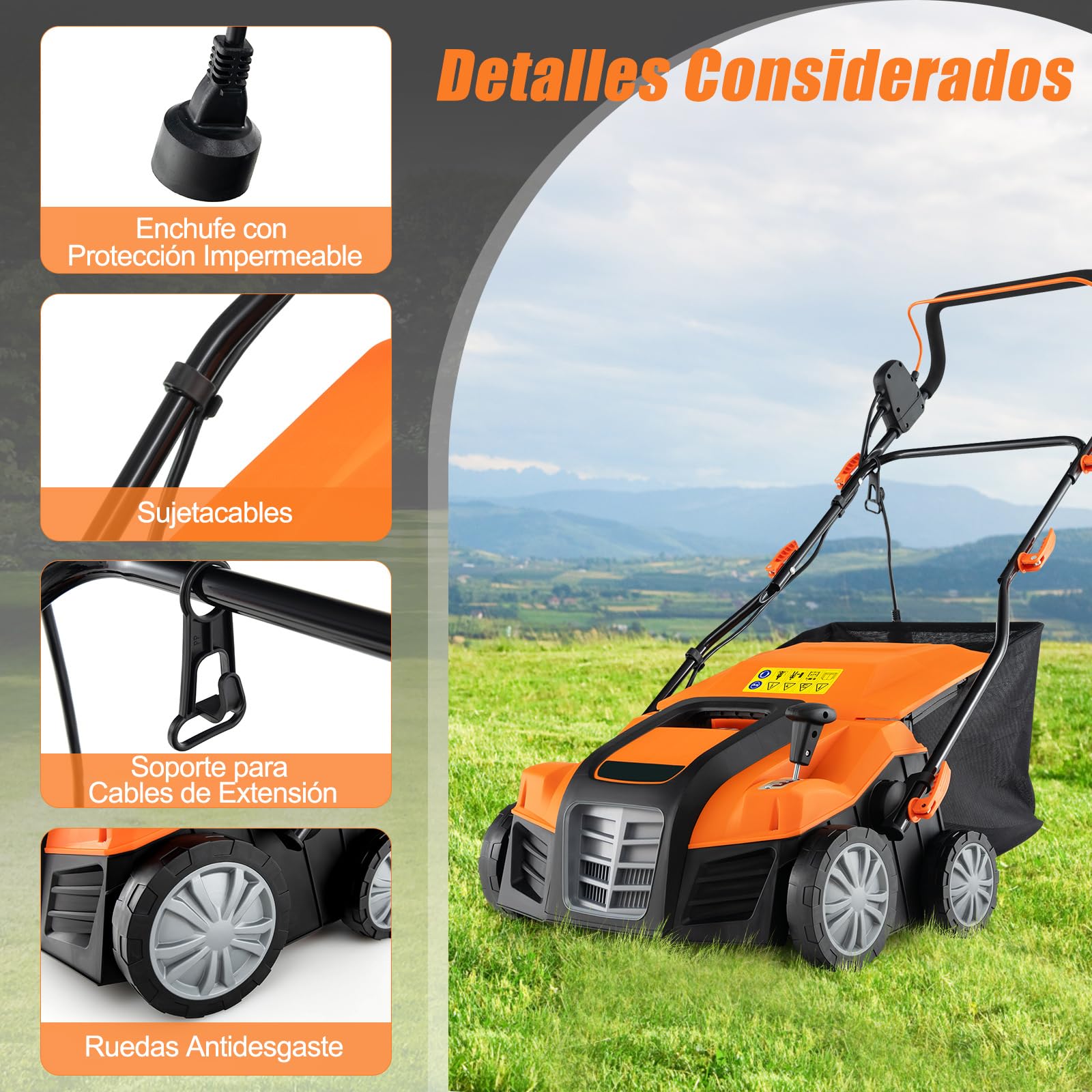 COSTWAY Cortacésped eléctrico 2000W, Cortacésped con Bolsa Recolectora de 55L, Cable y Motor: 3500 RPM, con Ajuste de Altura de 3 Posiciones y de Profundidad de 5 Posiciones (Negro y Naranja)