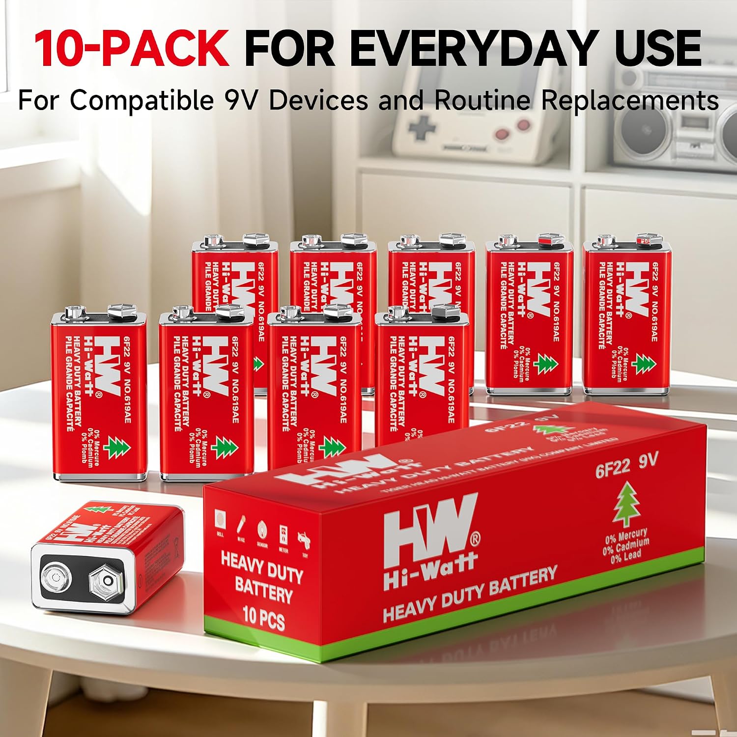 HW 9V Batteries, Carbon Zinc Leakage-Proof 10 Pack for Wireless Microphones