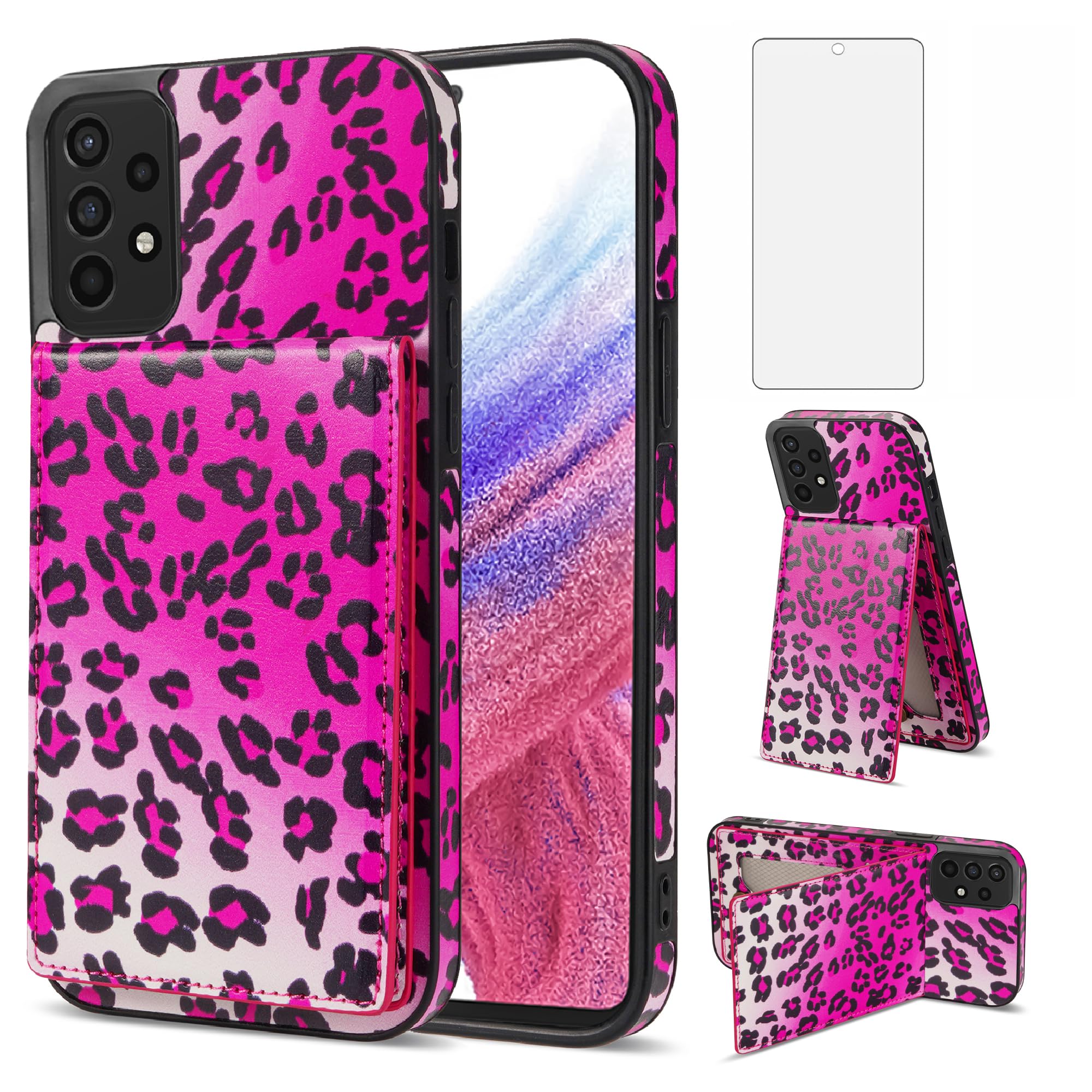 Asuwish Phone Case for Samsung Galaxy A52/A52S 5G Wallet Cover with Tempered Glass Screen Protector and RFID Card Holder Slot Stand Cheetah Leopard Print Cell A 52 S 4G G5 52A S52 52S Women Rose red