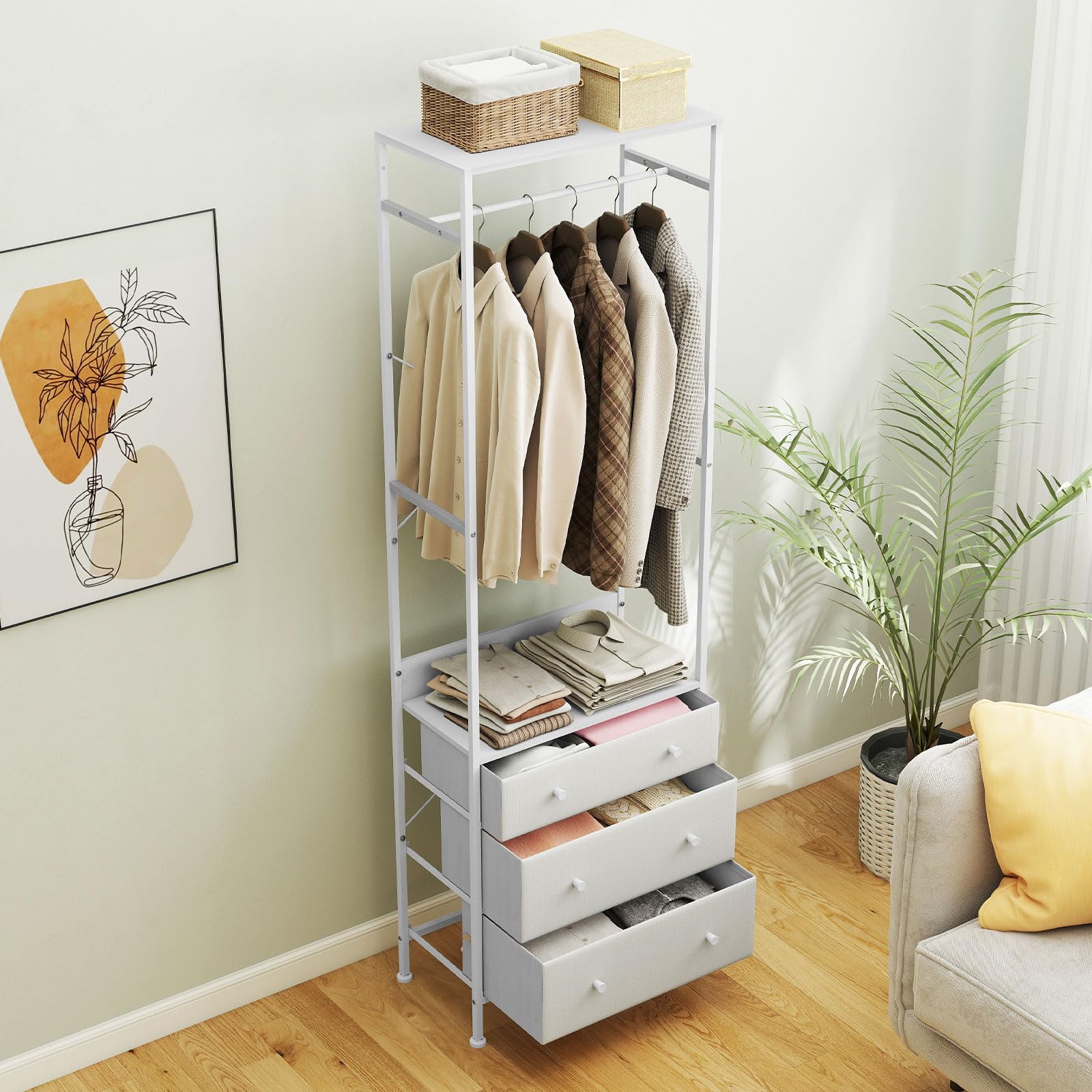 GIANTEX Appendiabiti Autoportante con 3 Cassetti e Barra Appendiabiti in Metallo, Dimensioni 55 x 28 x 176 cm, Mobile Multiuso per Camera da Letto, Soggiorno e Corridoio (Bianco)