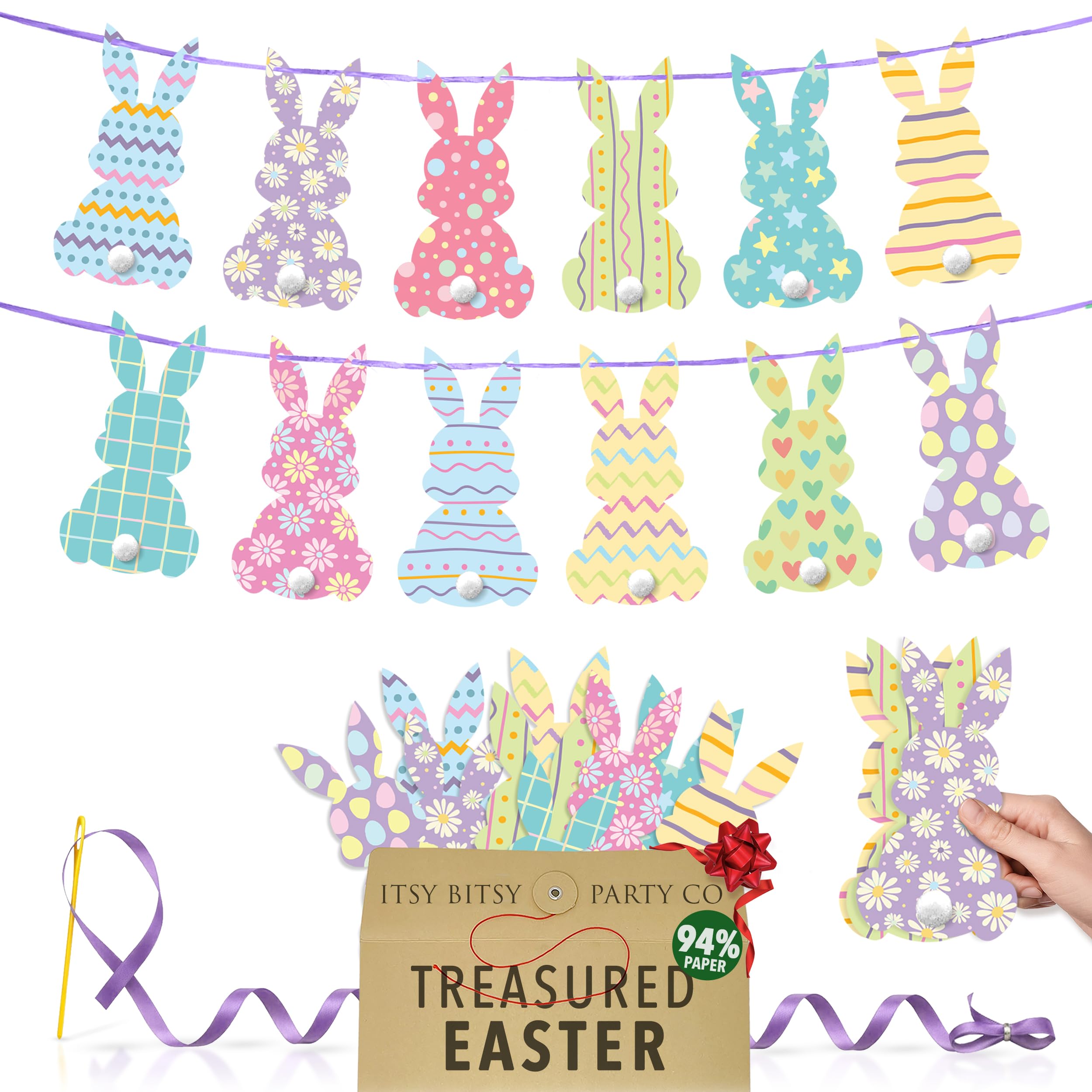Premium Reusable Easter Decorations – Bunny Bunting Garland, Egg Hunt Banner, Happy Easter Sign, Party Props & Outdoor Décor – Spring Home Decoration (12 Large Double-sided)