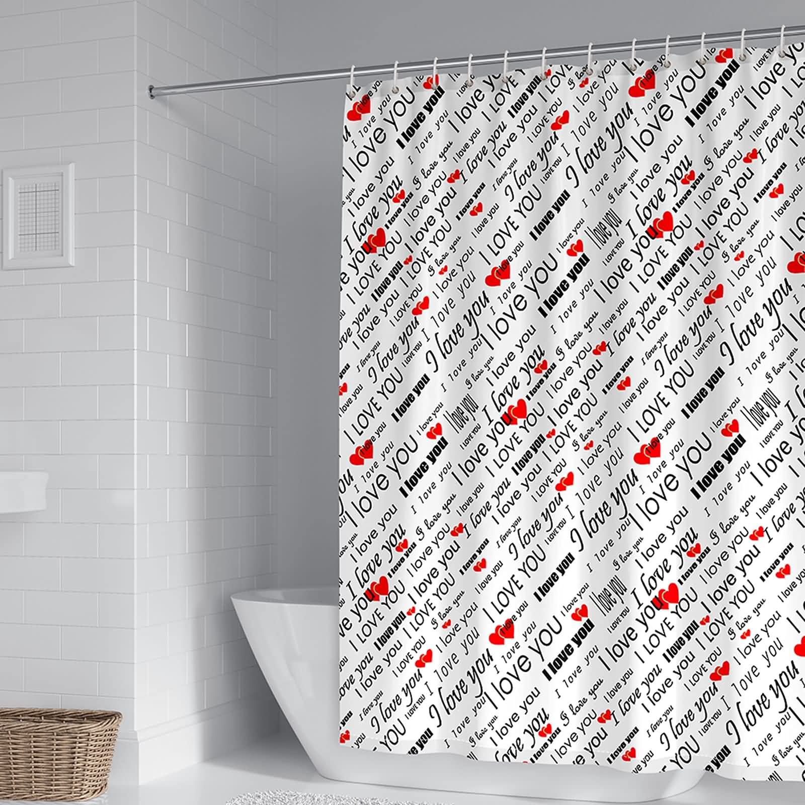 Rideau de douche anti moisissure 180x200 lavable et imperméable motif I Love You