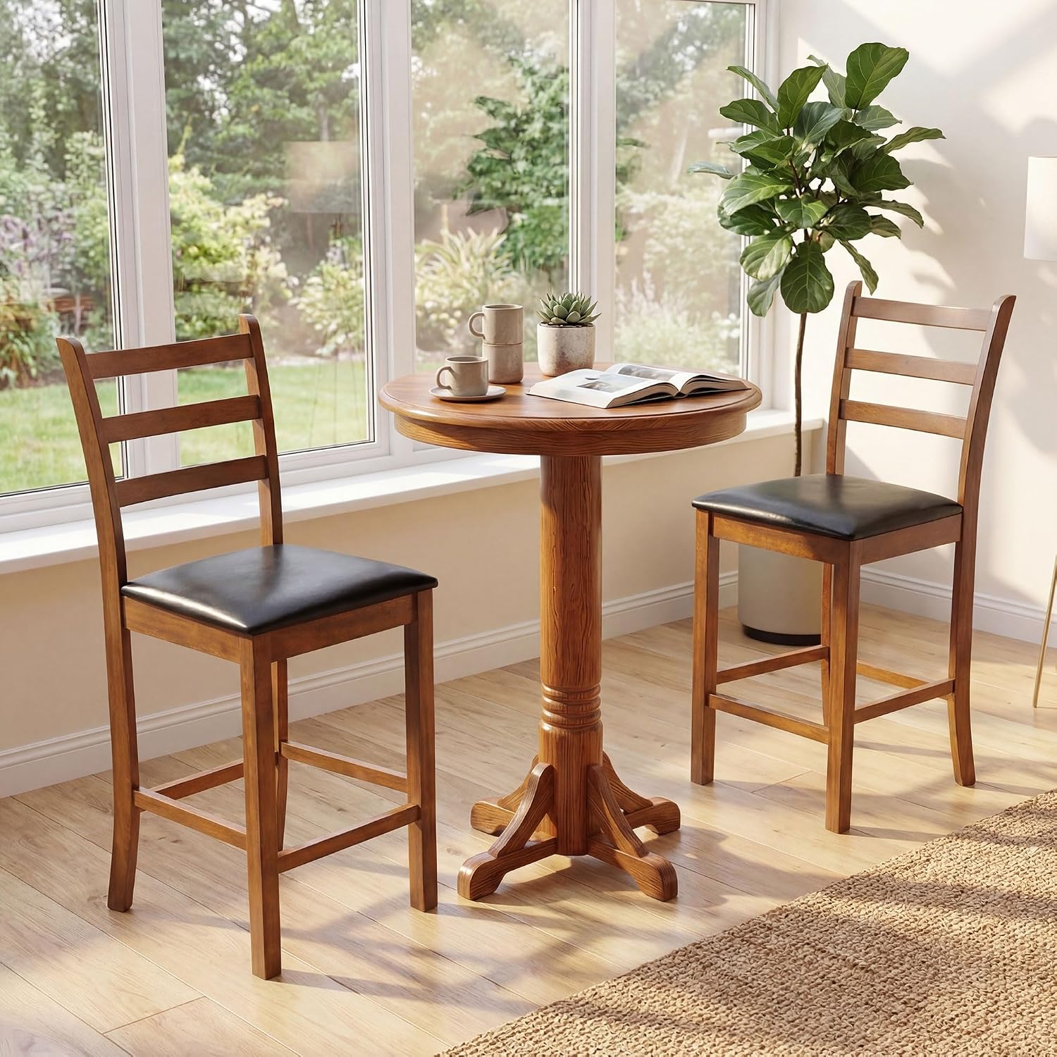 COSTWAY Counter Height Bar Stools Set of 4, Mid Century Modern Island Chairs with PU Leather Seat, Rubber Wood Legs & Ladder Back, 24'' Barstools for Kitchen Pub Bar (Walnut)