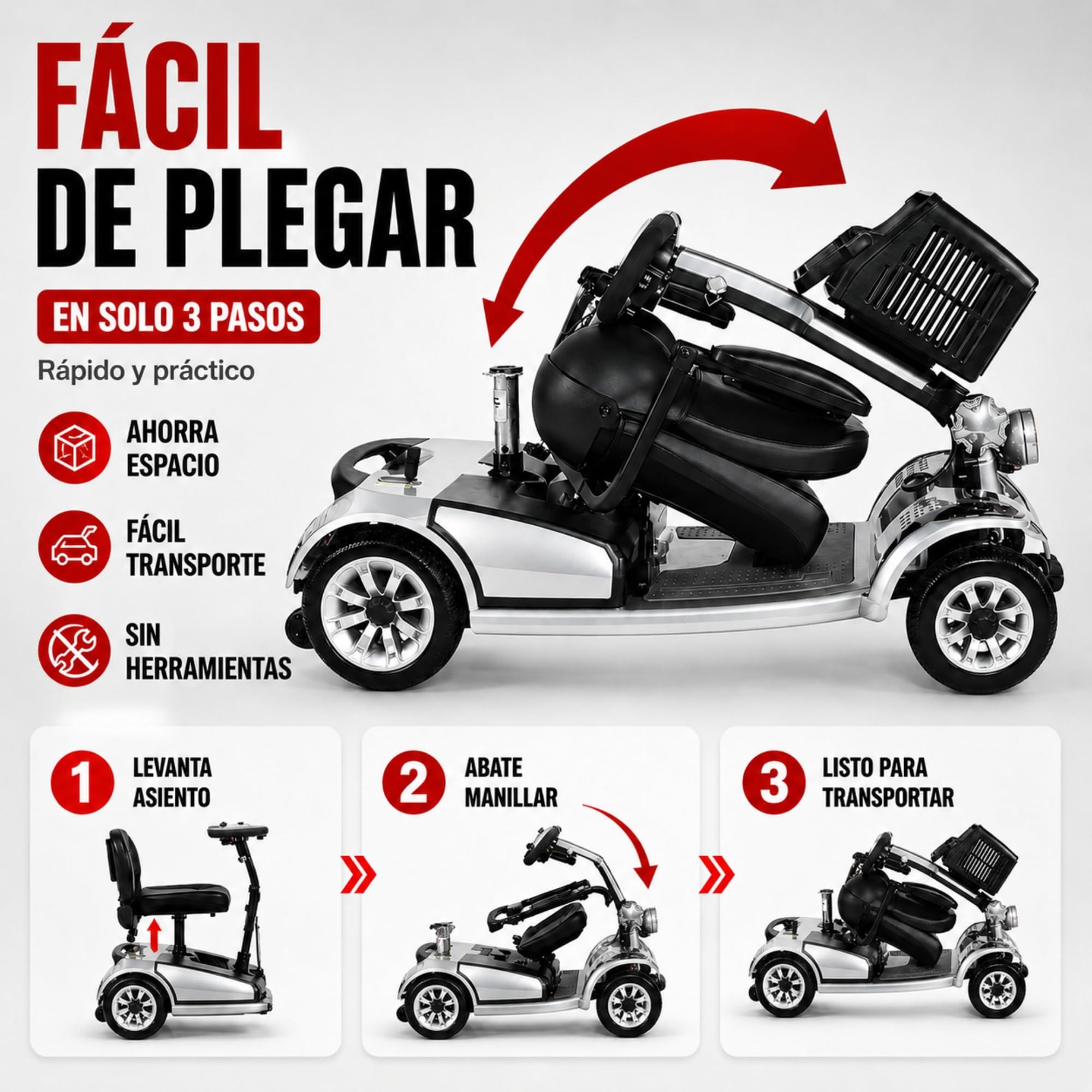 Scooter de Movilidad Eléctrico Plegable de 4 Ruedas para Personas Mayores y Movilidad Reducida, hasta 35 km Autonomía, Asiento Giratorio 360°, Estable y Seguro – ALIFERO (Gris Plata)