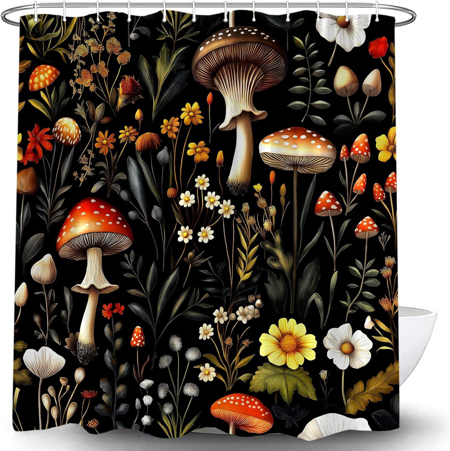 Retro Mushroom Shower Curtain Vintage Flowers Plant Boho Floral Leaves Black Botanical Aesthetic Art Nature Bath Curtain with Hooks