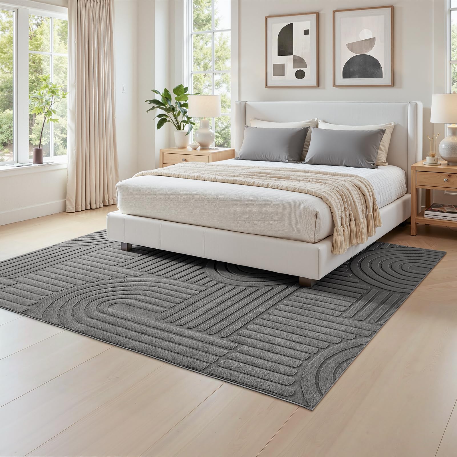 Topfinel Tappeto Grigio Soggiorno 160x230 cm, Lavabile, Pelo Corto Moderno, Effetto Onda 3D, Morbido, Soffice, Antiscivolo, Effetto Pelliccia, per Camera Letto, Sala Pranzo, Bambini, Ufficio