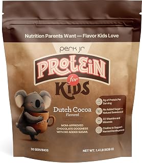 Perk Jr Kids Protein Shake Powder (Dutch Cocoa) 30 Servings, 8g Protein | Protein for Kids, Choline Included, 22 Vitamins & Minerals, No Added Sugar, Gluten-Free