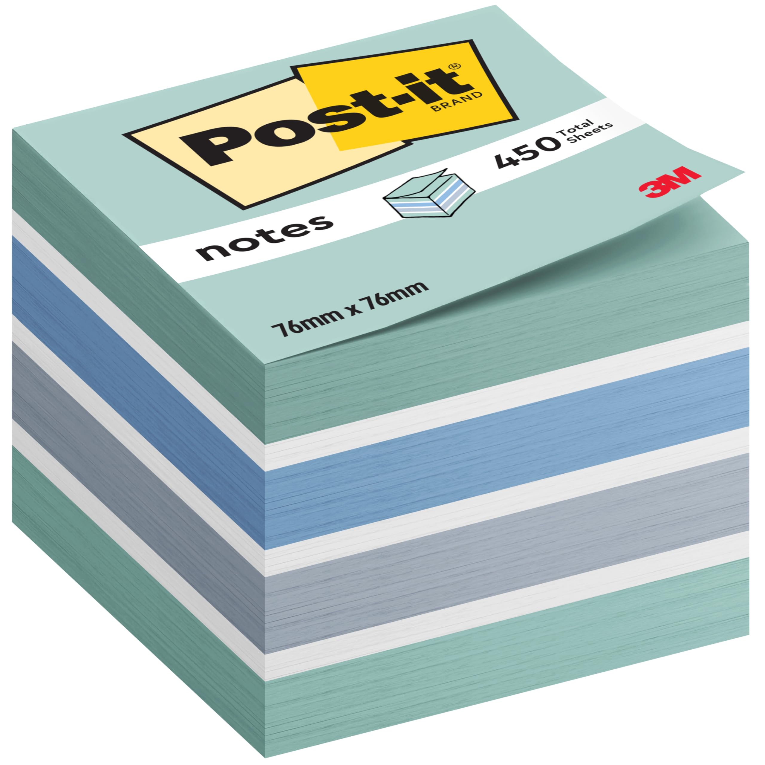 Post-it Notes Cube, Pastel Blue, 1 Pad, 76 mm x 76 mm, 450 Sheets - Extra Sticky Notes for Walls, Monitors and Fridge