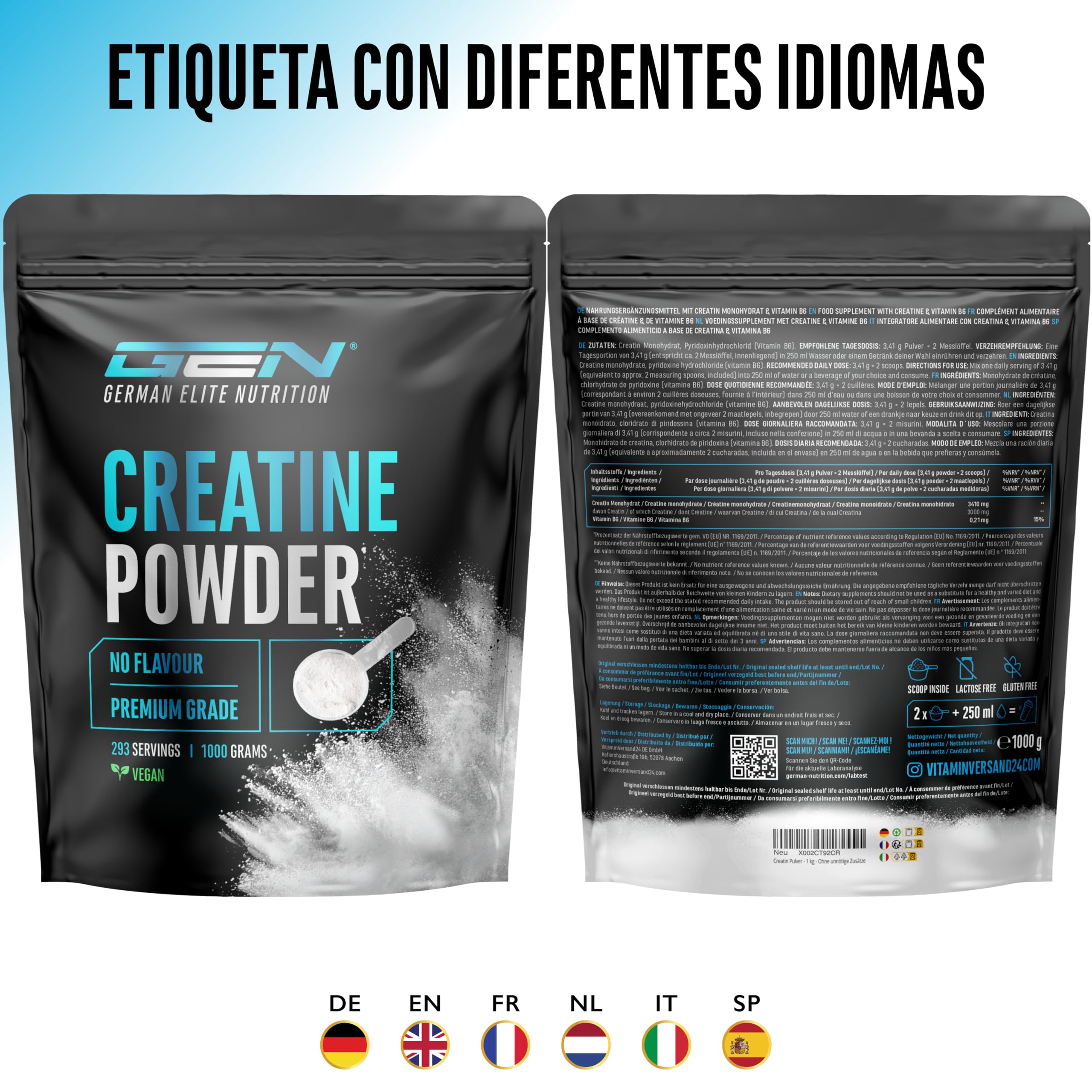 Creatina Monohidrato en Polvo 1000 g – Creatina Monohidrato Microfina, muy Soluble y de Alta Dosificación – Sin Aditivos innecesarios – Vegana – 293 Porciones